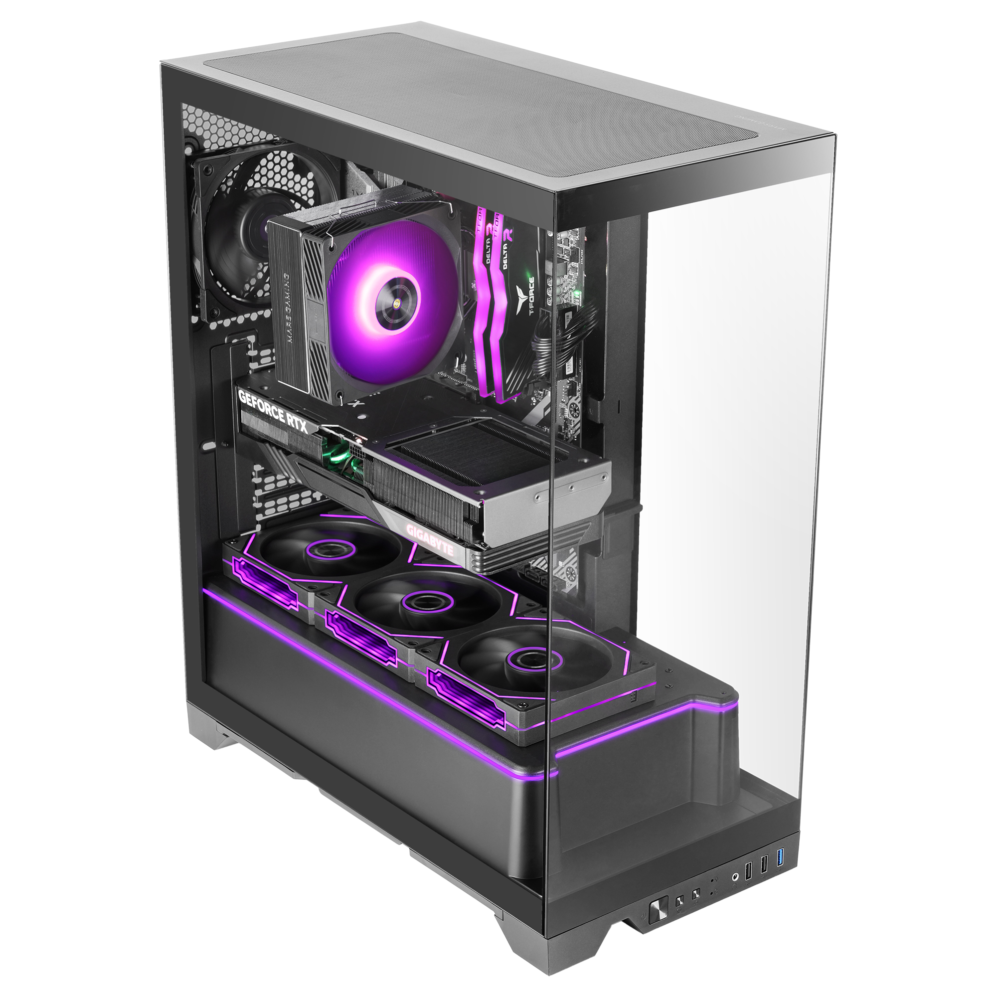 Un case per computer con pannello in vetro. All'interno vari componenti, tra cui una scheda grafica, ventole e un dissipatore CPU con illuminazione viola.