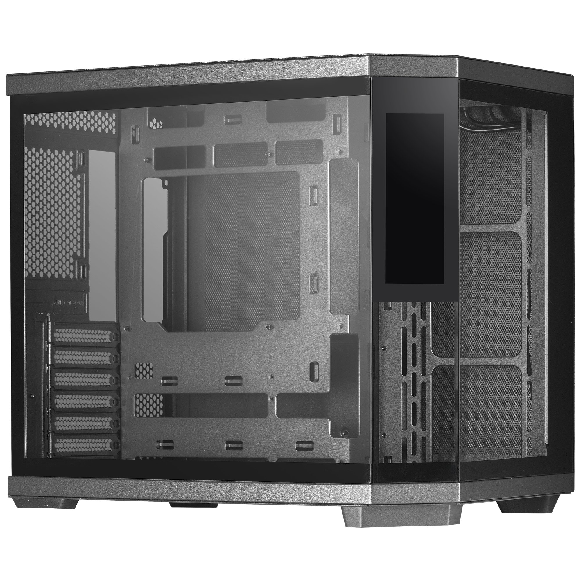 Un case per computer con pannelli frontali e laterali in vetro, che mostra la sua struttura interna e i componenti. Il case è grigio.