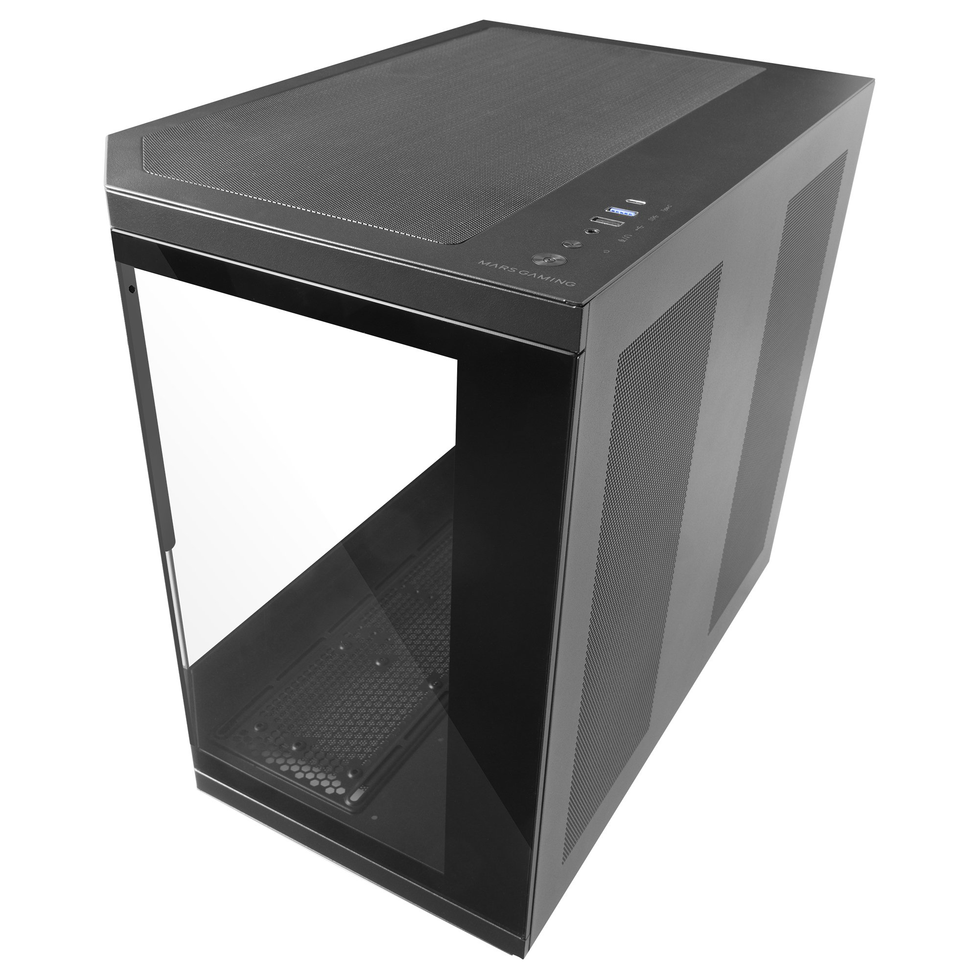 Case per computer nero con pannello laterale in vetro. Ha una rete sulla parte superiore e finiture argentate.