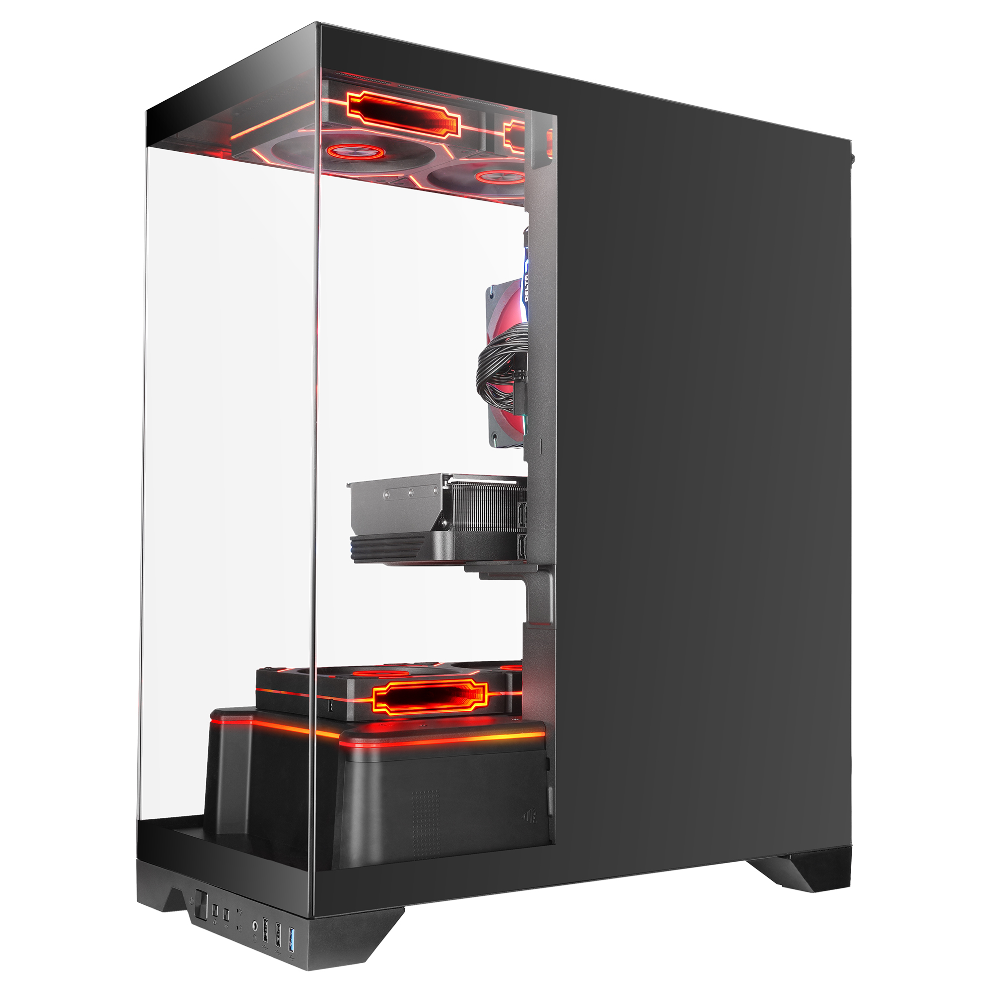 Case per computer nero con frontale in vetro. Le luci rosse illuminano ventole e componenti interni. Pannello di vetro trasparente a sinistra.
