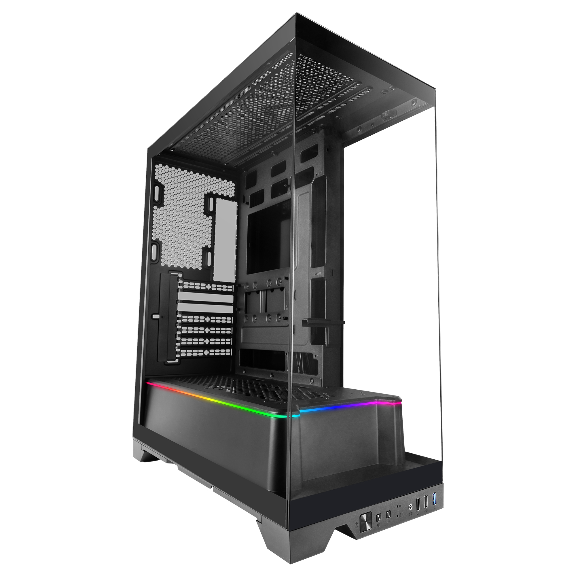 Case per computer nero con pannello in vetro. Ha una striscia LED arcobaleno. All'interno c'è un'area nera per la scheda madre.