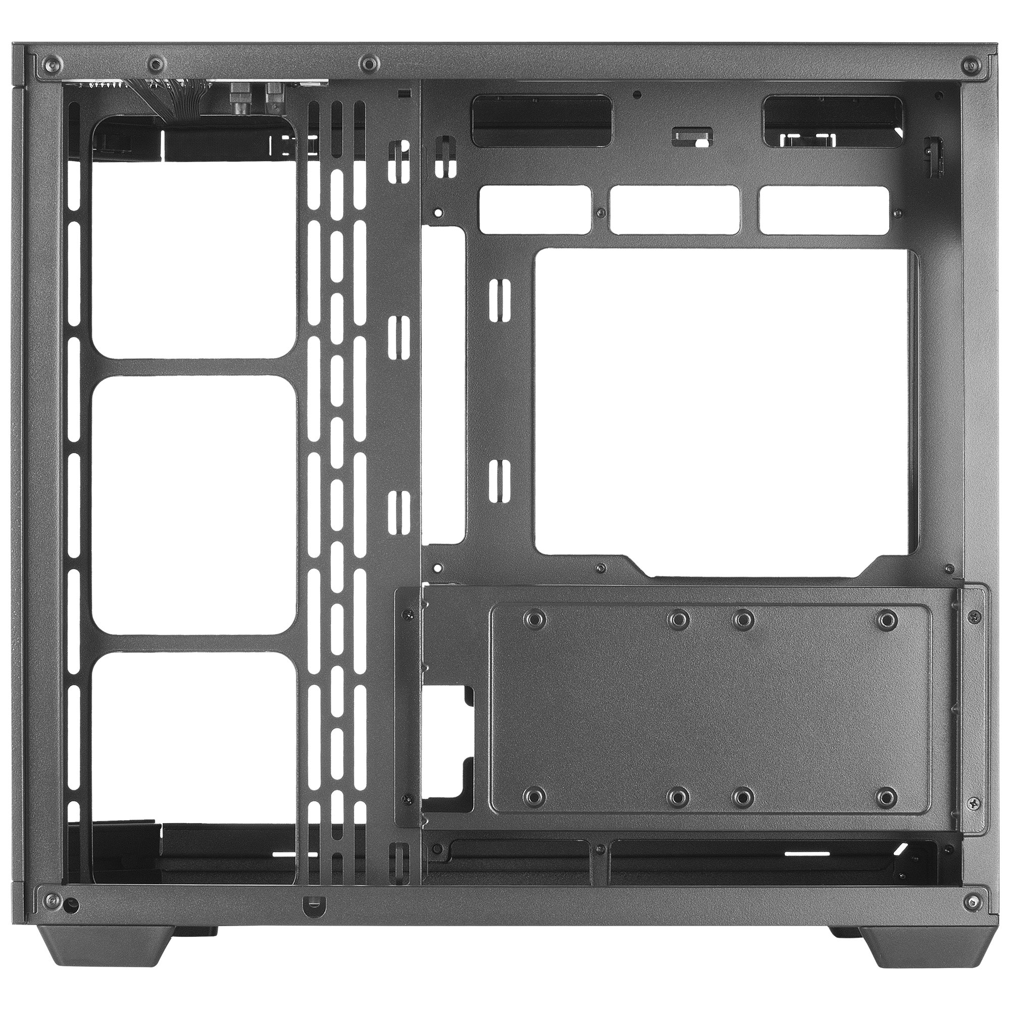 Interno vuoto e grigio di un case per computer, con varie aperture, staffe e punti di montaggio. Il case è pronto.
