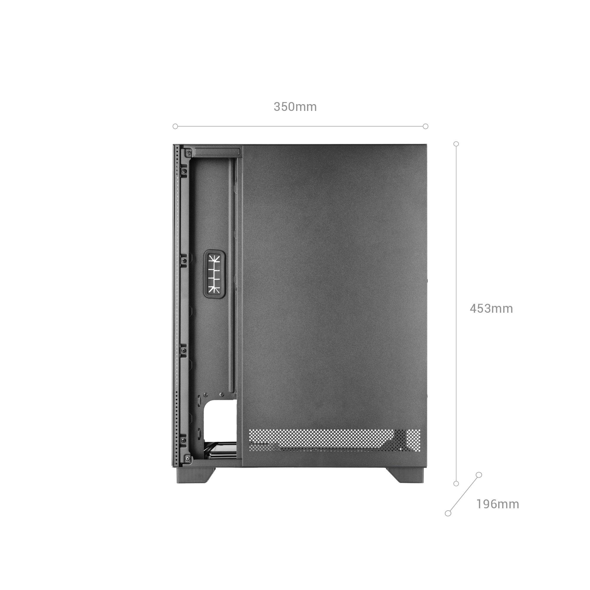 Szara obudowa komputera z wymiarami. Szerokość 350 mm, wysokość 453 mm i głębokość 196 mm.