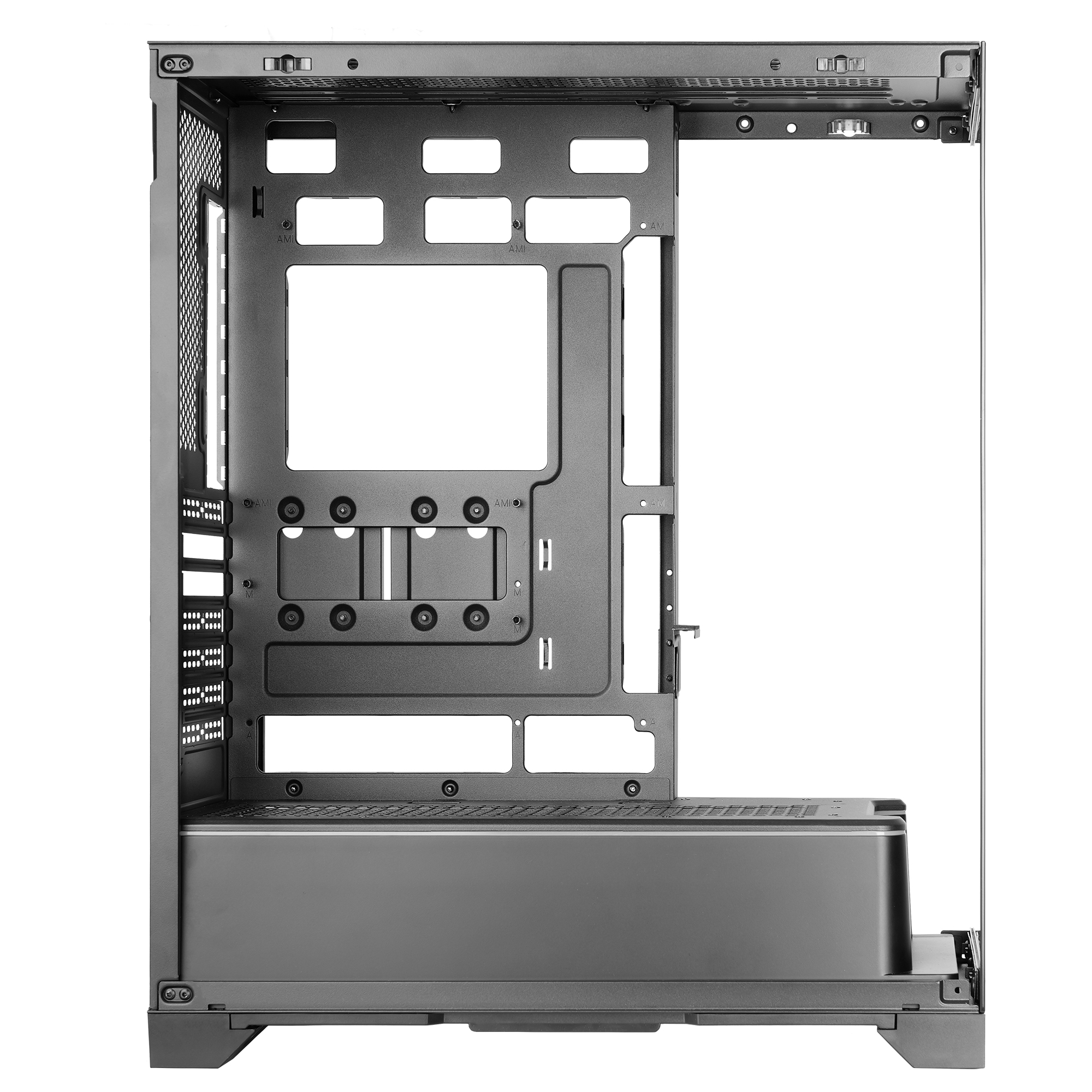 Interno di un case per computer grigio vuoto. Design aperto con molteplici punti di montaggio, prese d'aria e un vano inferiore.