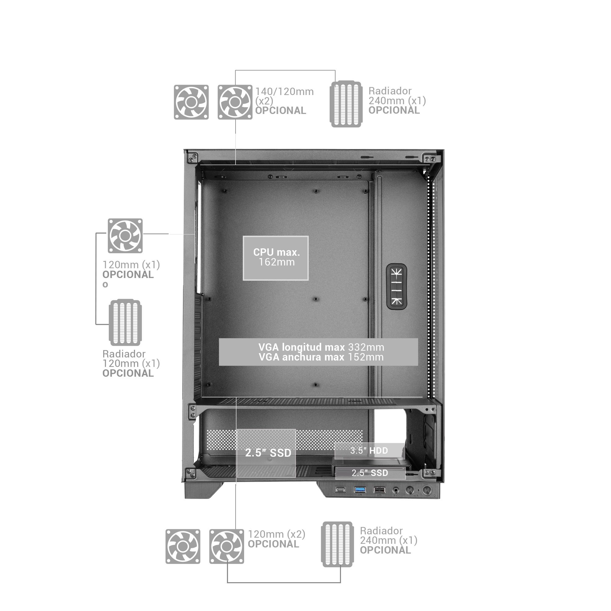 Schemat obudowy komputera z oznaczonymi sekcjami: CPU max, wymiary VGA, lokalizacje wentylatorów i chłodnic oraz pamięć masowa.