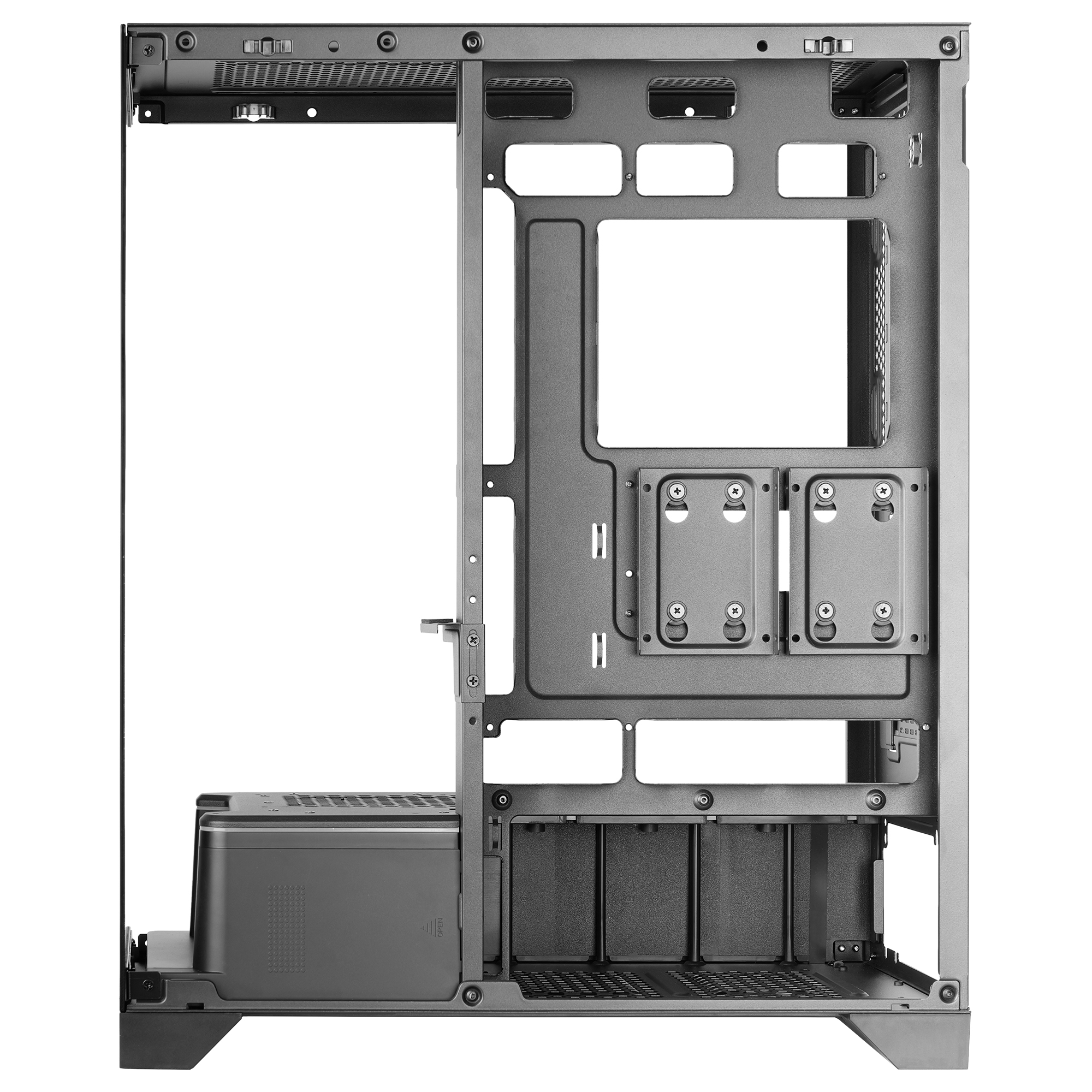 Interno di un case per computer, che mostra telaio, punti di montaggio e scomparti. Principalmente grigio con sfondo bianco.