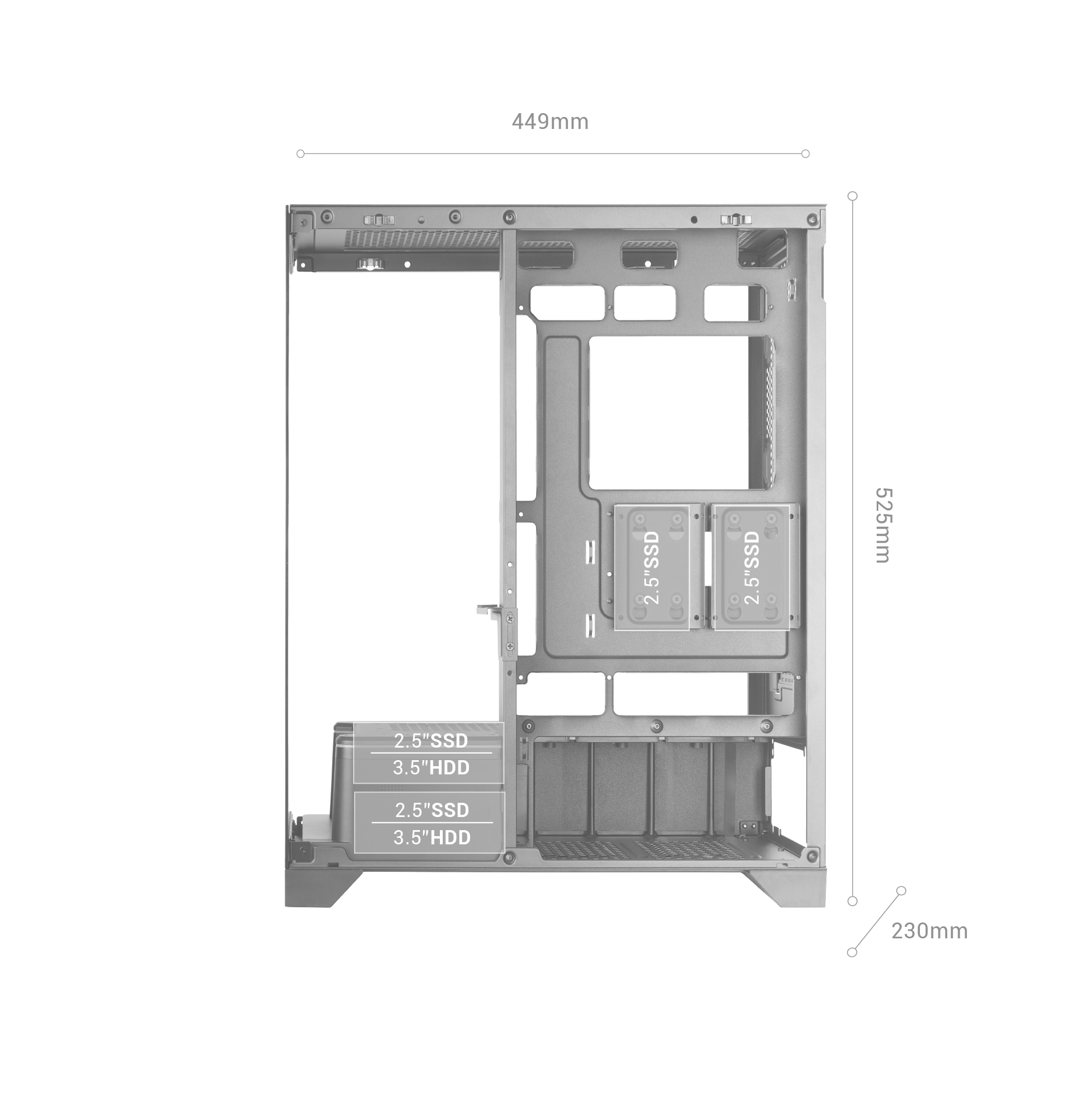 Un telaio di un case per computer con etichette per slot SSD e HDD, dimensioni indicate come 449 mm, 525 mm e 230 mm.