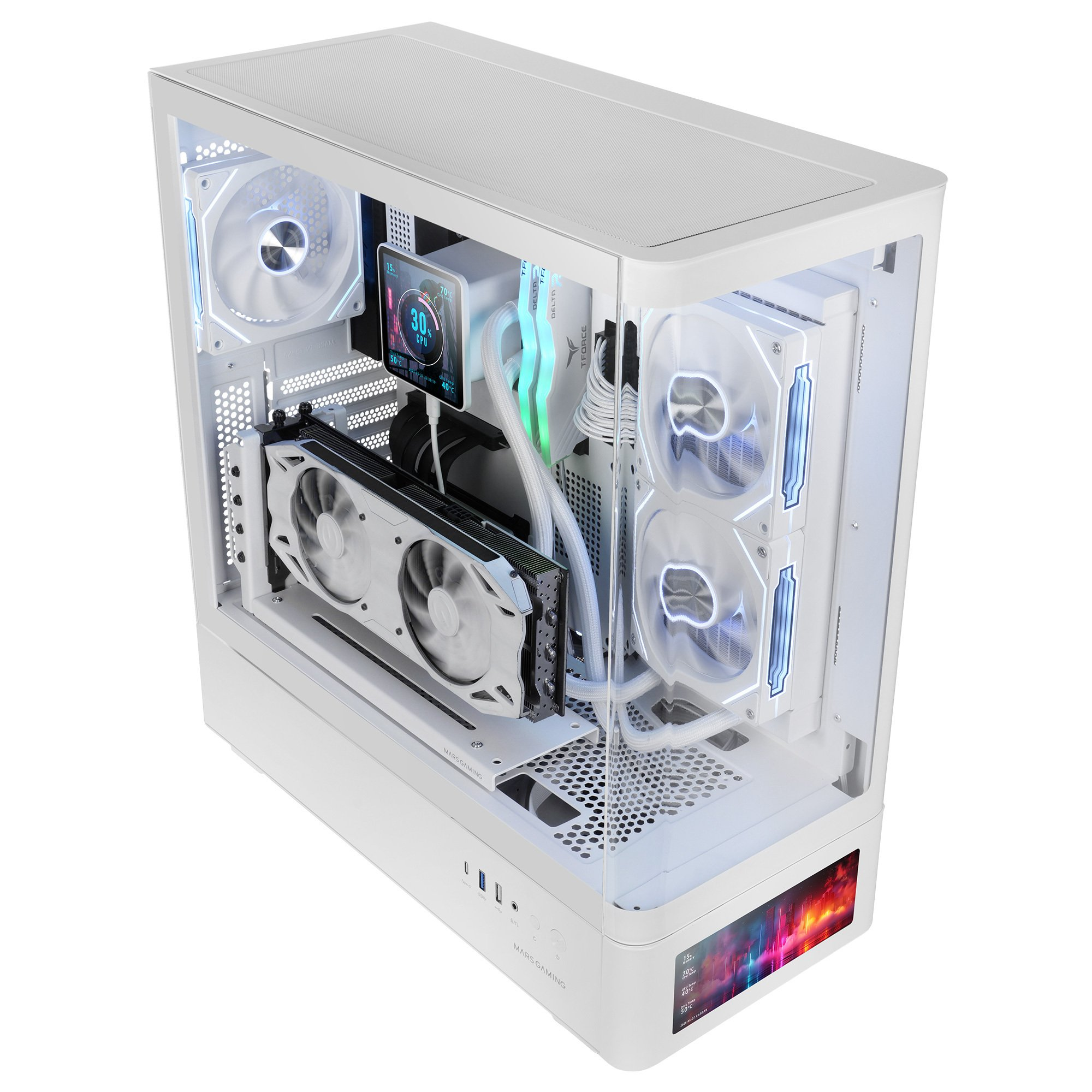 Case per computer bianco con pannello laterale trasparente. All'interno ventole, una GPU e un raffreddamento a liquido con schermo.