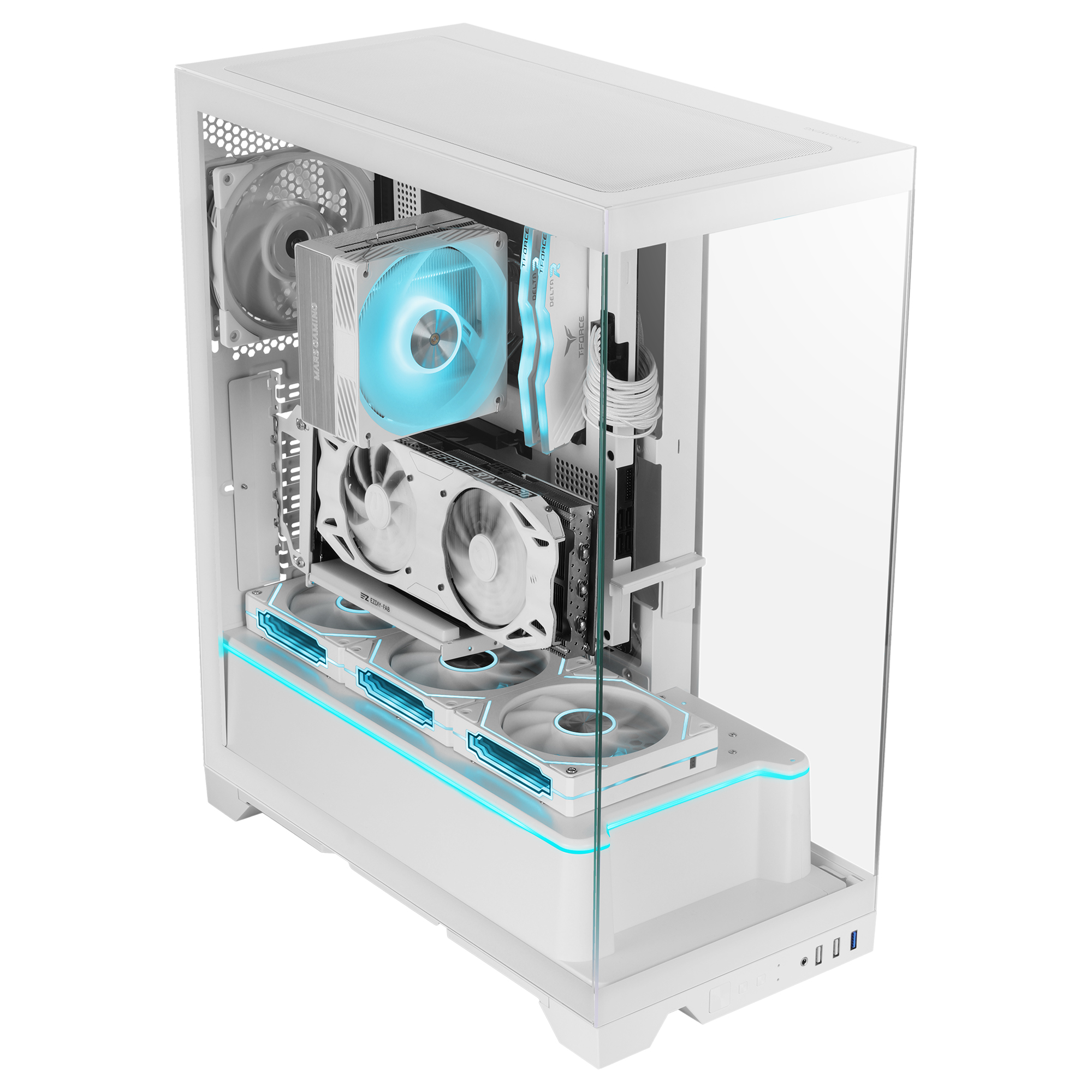 Un case per computer bianco con pannello laterale in vetro, che mostra i componenti interni tra cui ventole, una GPU e un dissipatore CPU con luci blu.