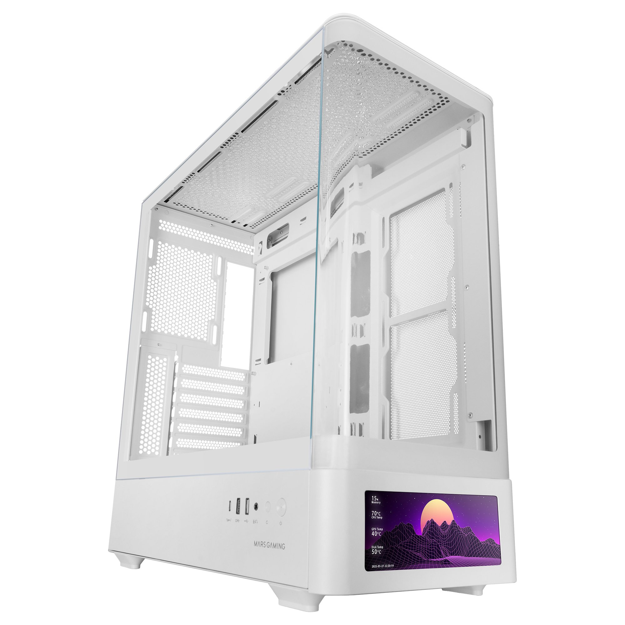 Un case per computer bianco con pannello laterale in vetro. Ha uno schermo che mostra un tramonto retrò sulle montagne.