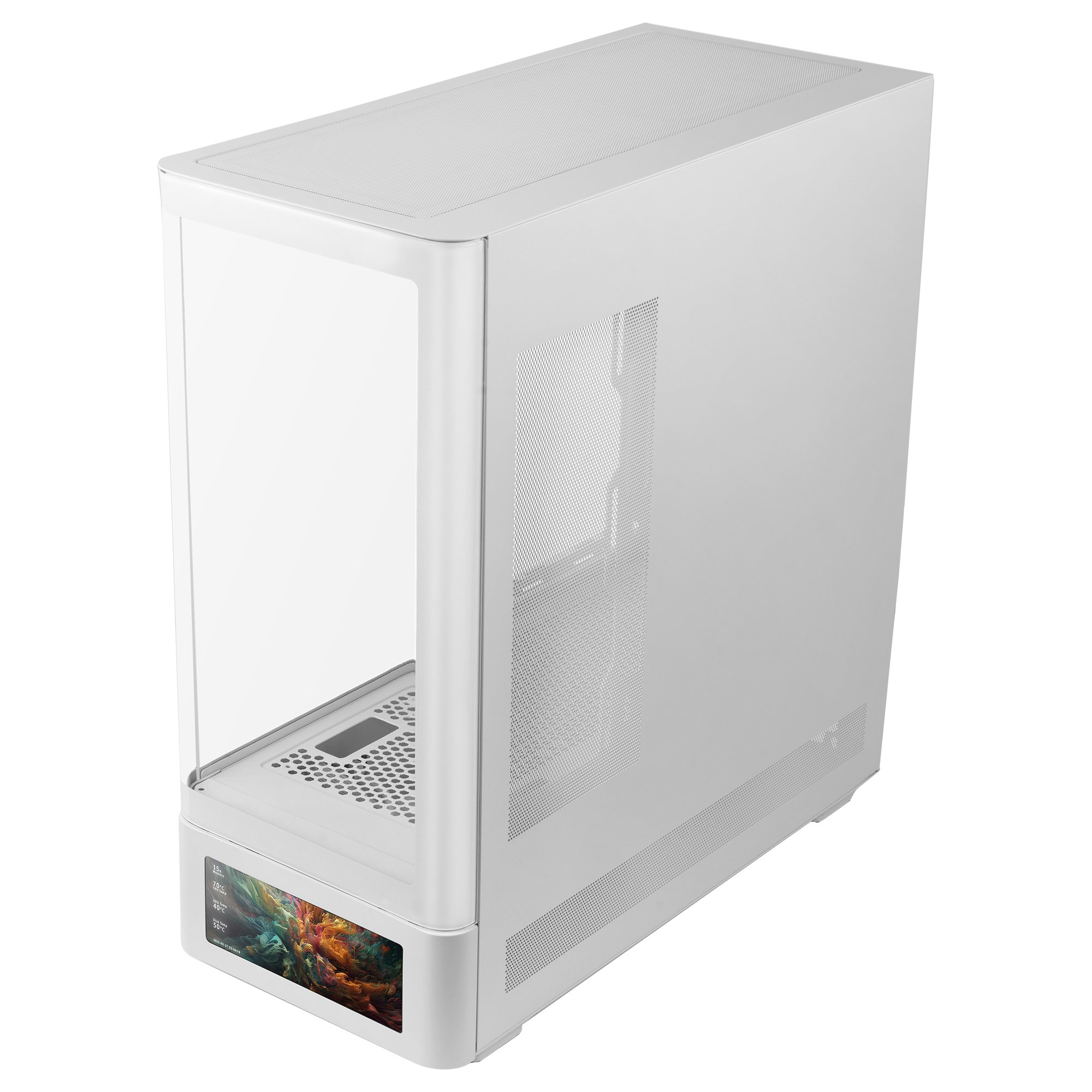 Un case per computer bianco con pannello frontale in vetro. C'è uno schermo che mostra dati in basso.
