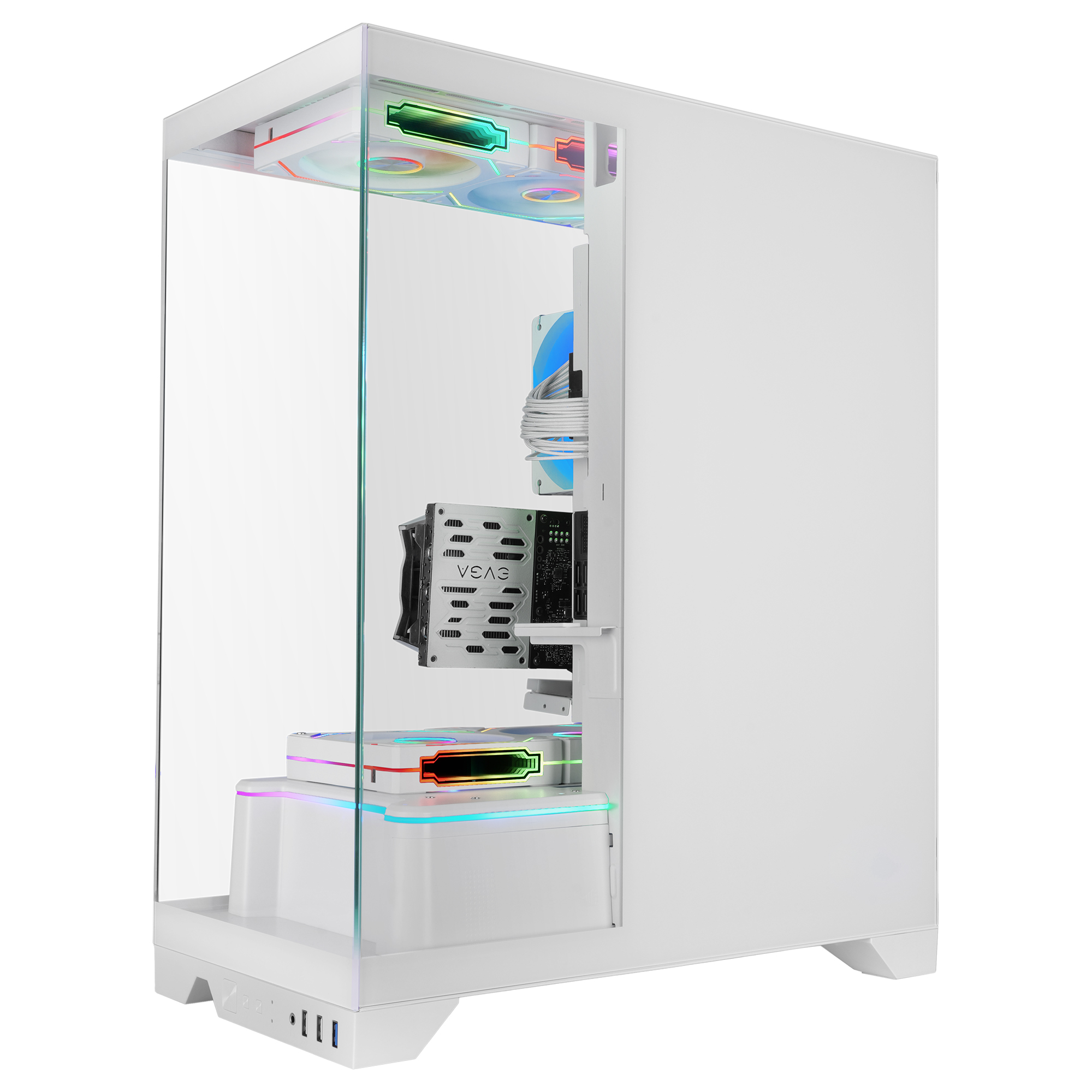Case per computer bianco con pannello in vetro, che mostra i componenti interni e l'illuminazione RGB. Logo EVGA visibile.