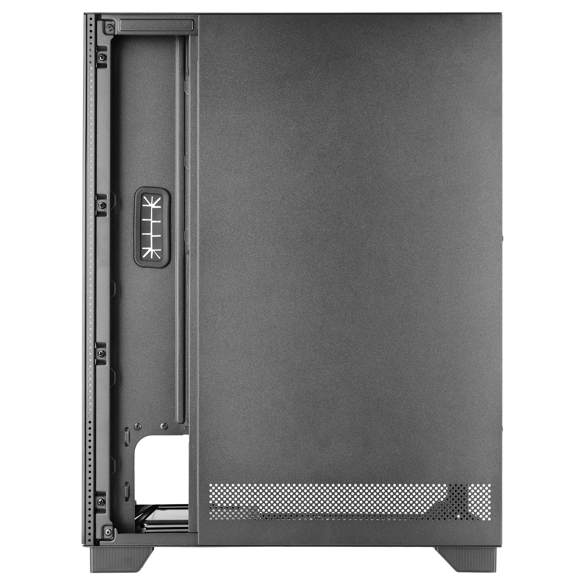 Ciemnoszara obudowa komputera. Ma panel boczny i przedni z otworami wentylacyjnymi. Z boku znajduje się kilka przycisków.