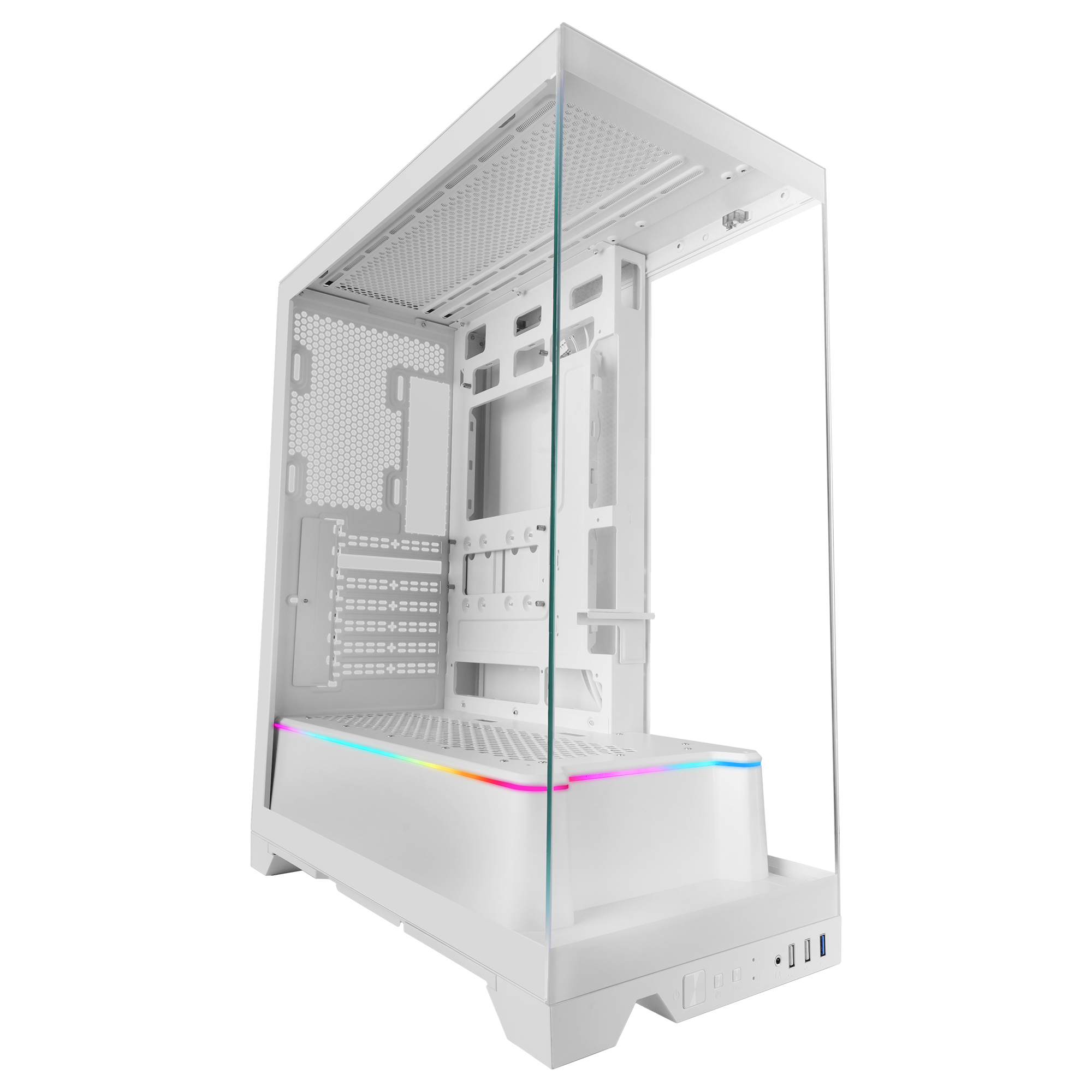 Case per computer bianco con pannello di vetro. Una striscia LED colorata è in basso. All'interno un telaio metallico aperto.