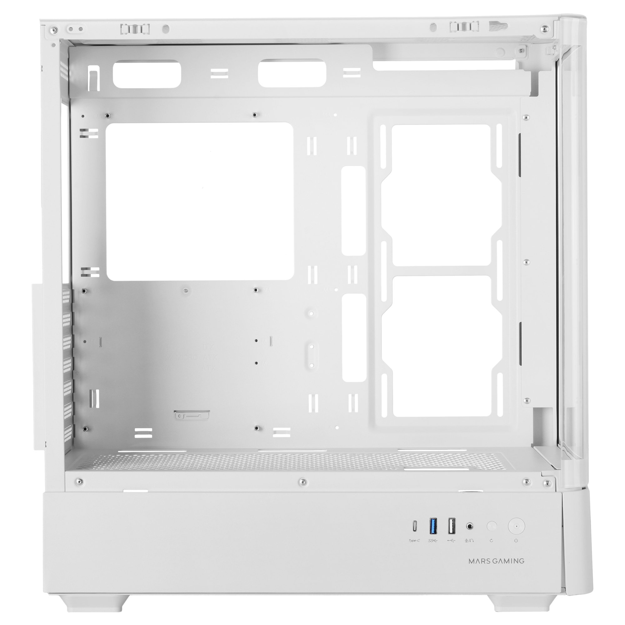 Interno di un case per computer bianco, che mostra il telaio con le aperture. Il pannello frontale ha delle porte. 'MARS GAMING' è stampato in basso.
