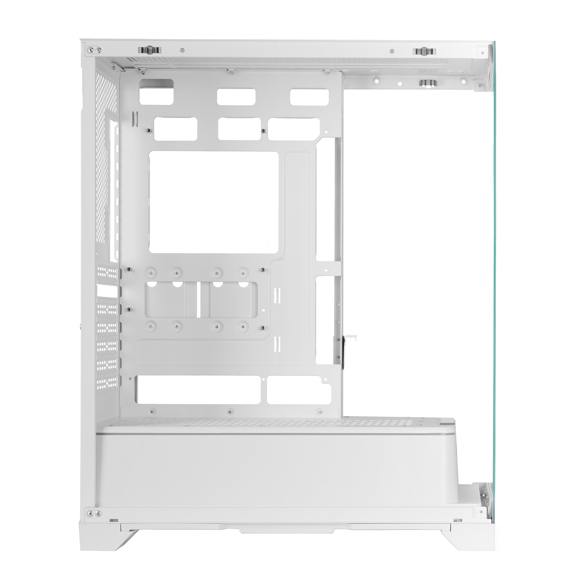 Un case per computer bianco con telaio aperto. Ha un pannello laterale in vetro. L'interno ha diverse aperture per i componenti.
