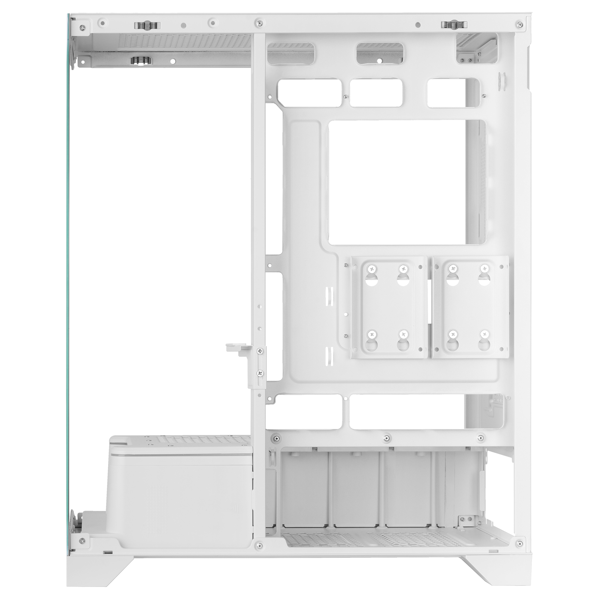 Telaio bianco per case di computer. Pannello di vetro a sinistra. Interno con punti di montaggio e fori.