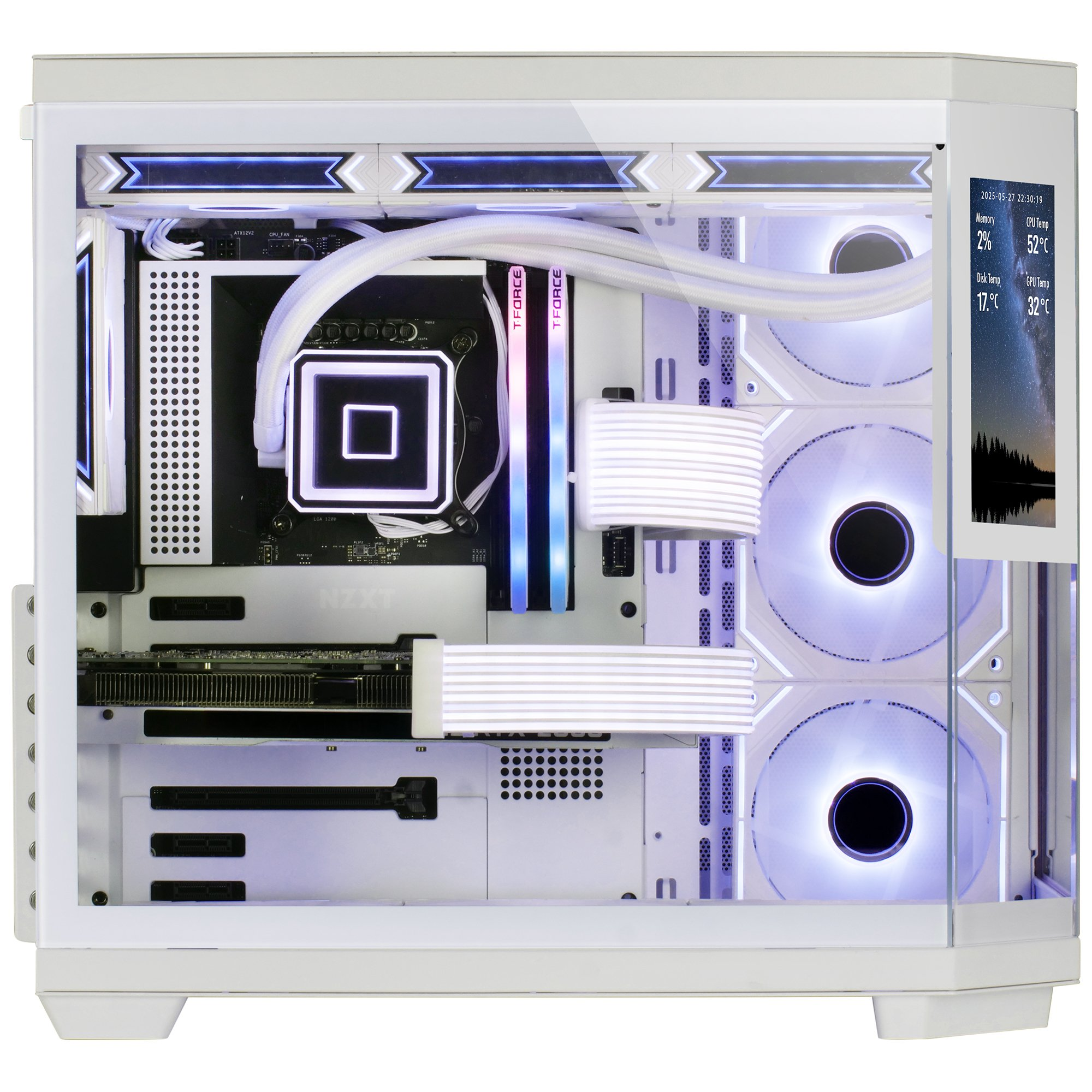 Una carcasa de computadora blanca con componentes internos iluminados con luces azules. Una pantalla muestra estadísticas y una escena nocturna.