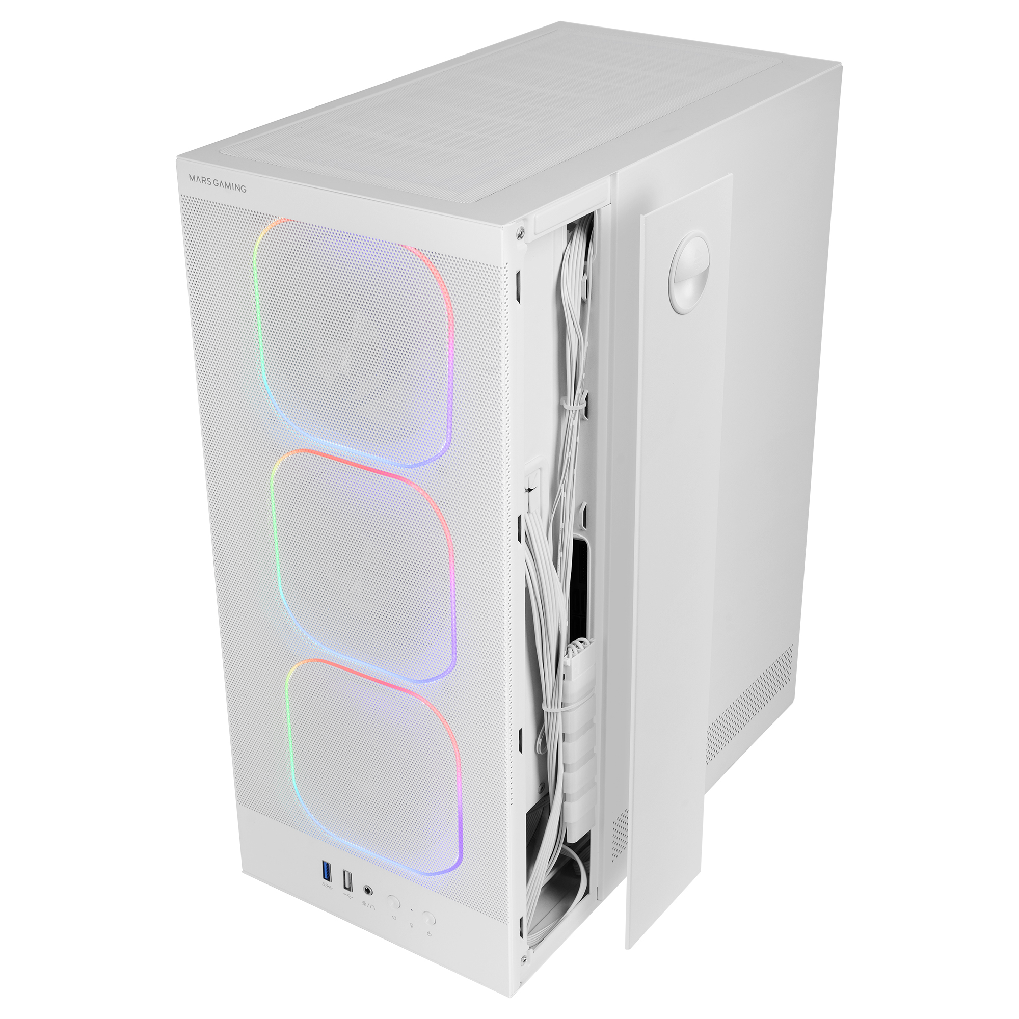 Una carcasa de ordenador blanca con luces RGB y la marca 'MARS GAMING'. El panel lateral está abierto.