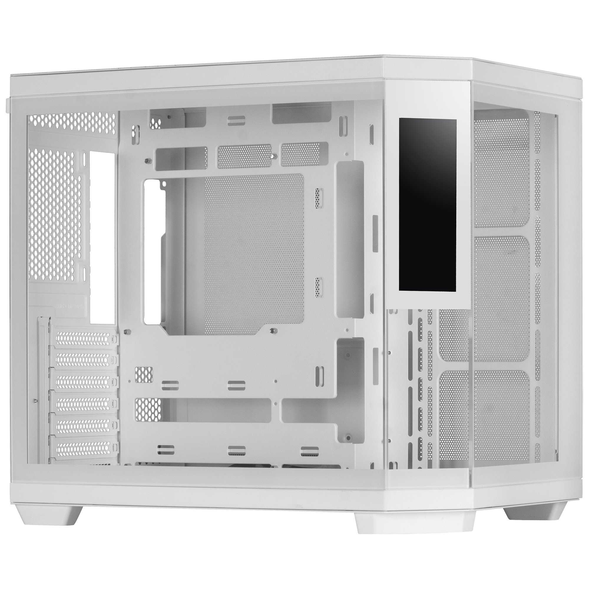 Una caja de ordenador blanca, abierta con un panel lateral de cristal. Se ven secciones de metal perforado dentro.