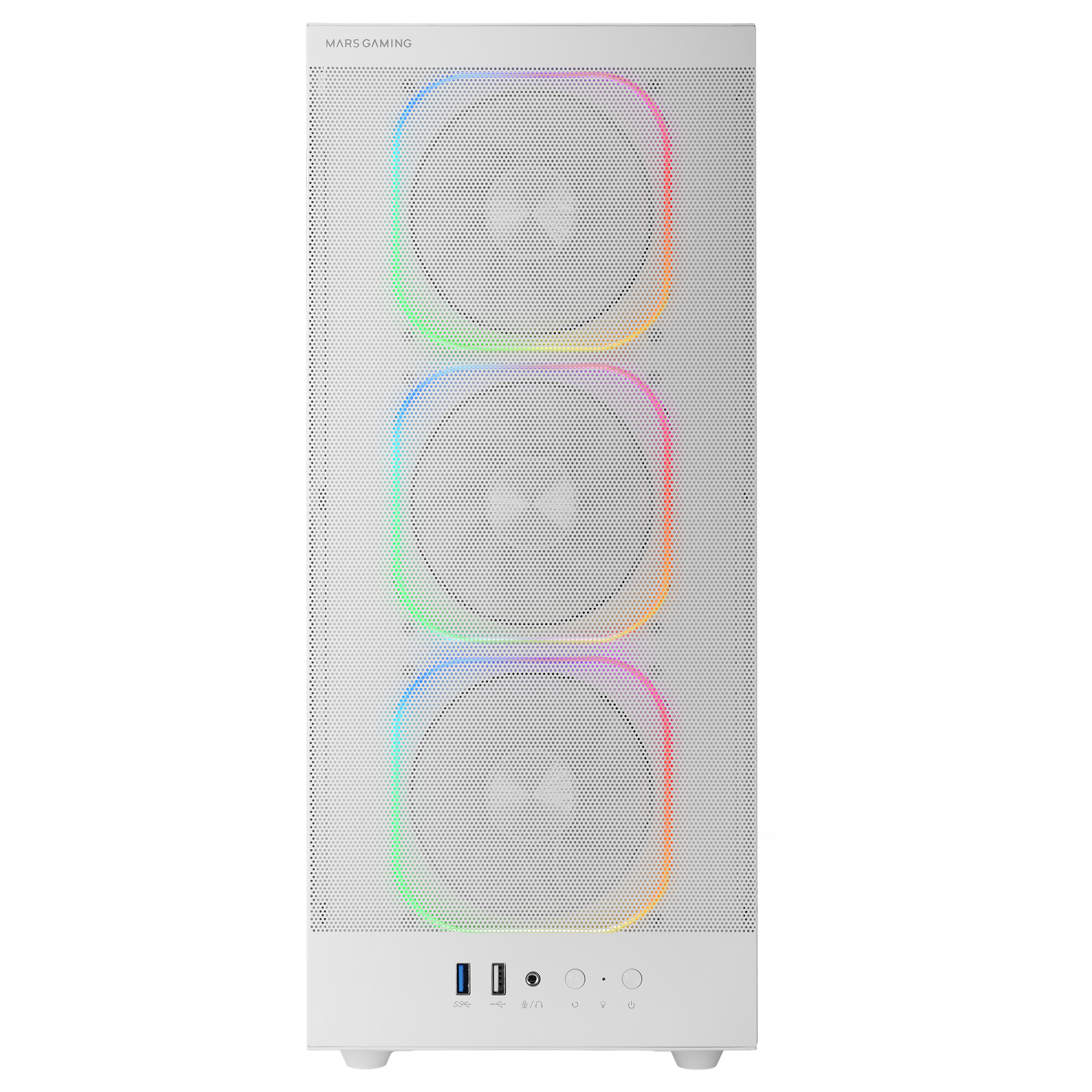 Carcasa de ordenador blanca con tres ventiladores iluminados con colores arcoíris. Tiene puertos USB y botones de control.