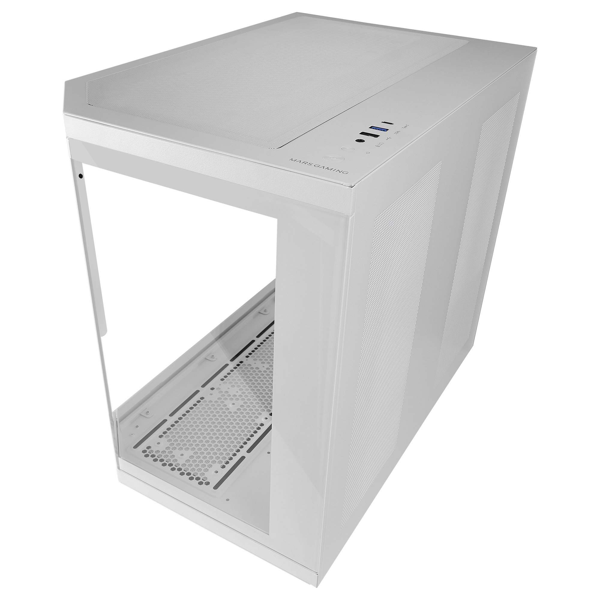 Una caja de ordenador blanca con un panel lateral de vidrio. Tiene una parte delantera y superior de malla. La marca es MARS GAMING.
