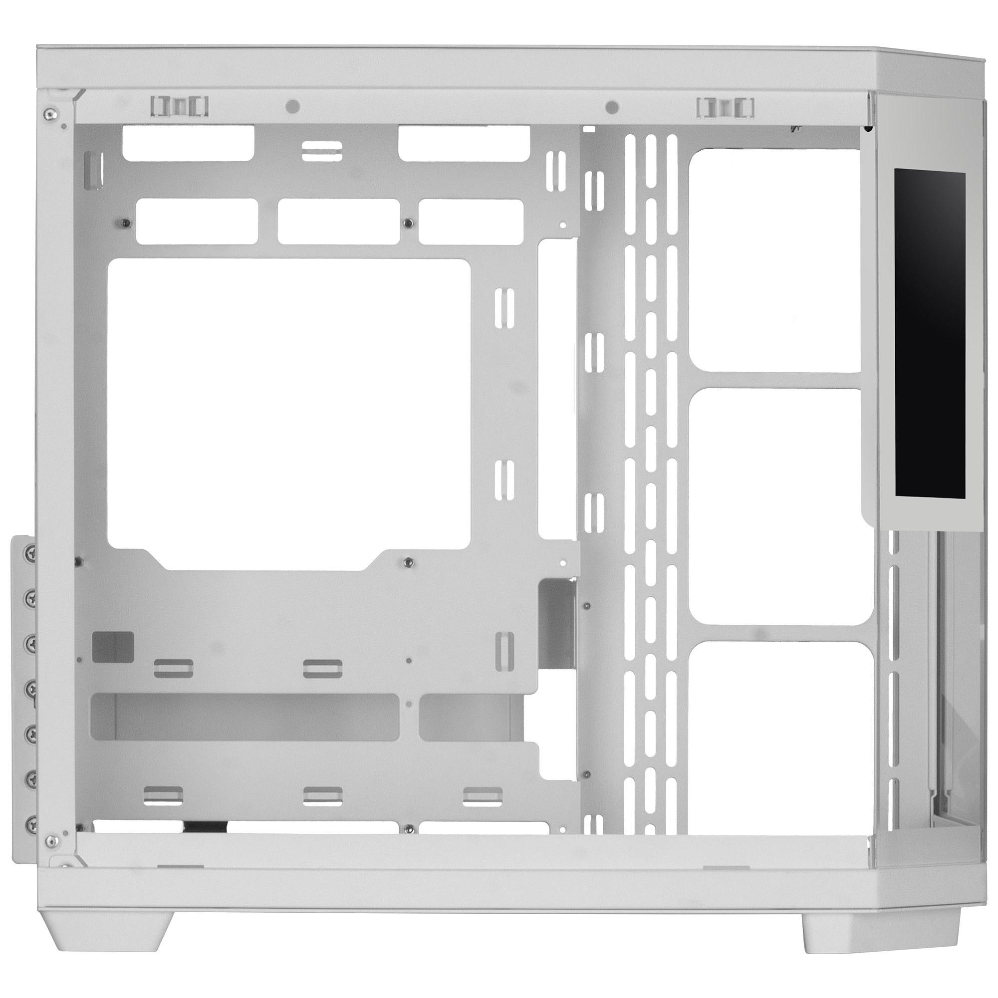 Una caja de computadora blanca con varias aberturas para componentes. Un panel negro está en el lado derecho. La caja está vacía.