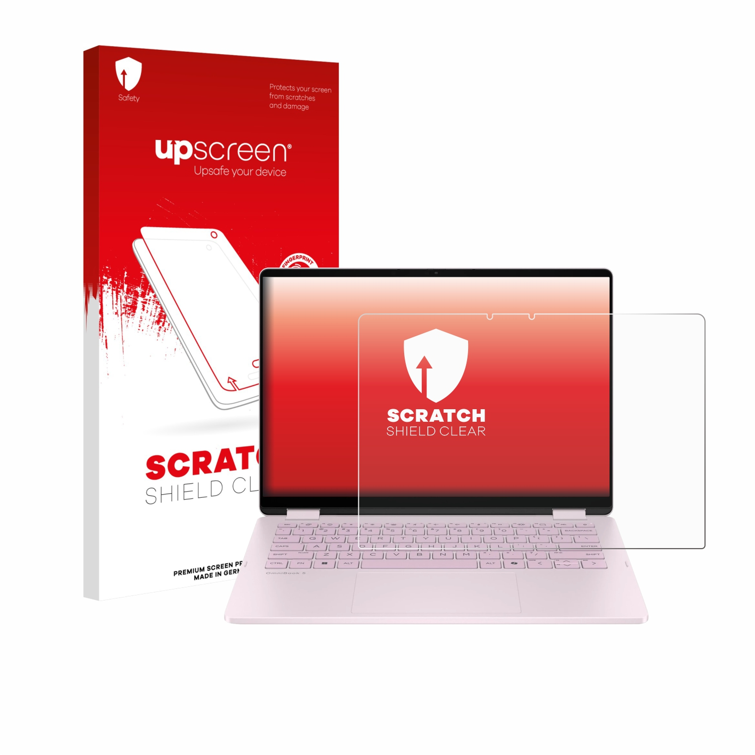 Ein Laptop mit Displayschutzfolie daneben eine Schutzfolienbox. Box und Bildschirm haben das gleiche Branding.