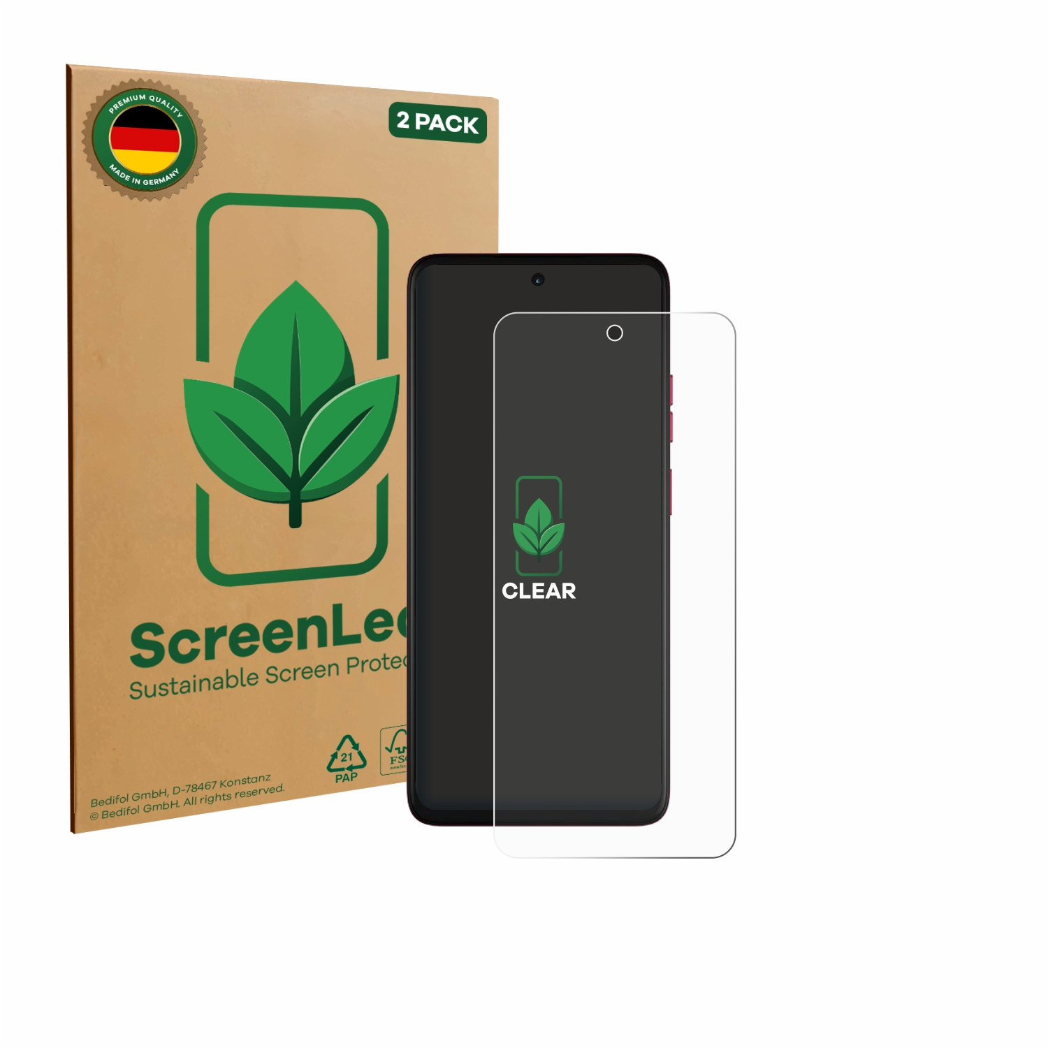 Ein Telefon und ein Displayschutz liegen neben einer braunen Schachtel mit einem grünen Blatt-Logo, einem 'Made in Germany'-Aufkleber und dem Text 'ScreenLe'.