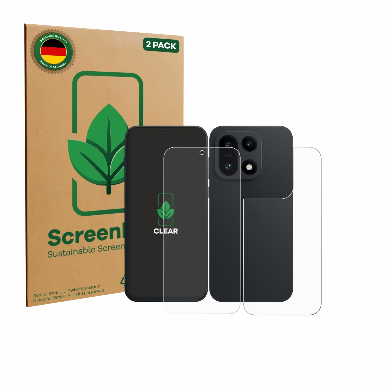 Ein Telefon und Displayschutzfolien werden angezeigt. Im Hintergrund befindet sich eine braune Schachtel mit grünen Blättern und dem Text '2er-Pack'.