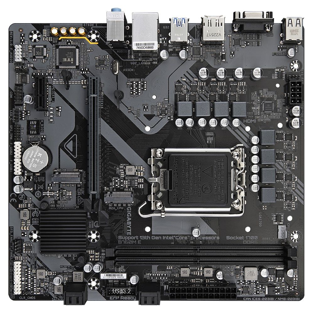 A dark gray Gigabyte B760M E motherboard with various components, ports, and a CPU socket. 