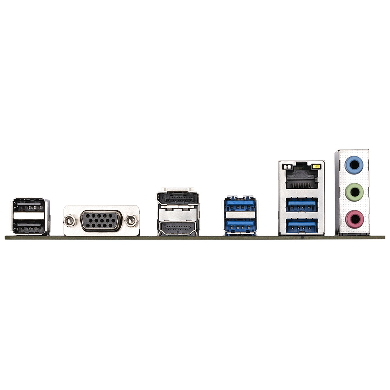 A close-up of a computer motherboard's back panel, showing various ports: USB, HDMI, audio, and more.