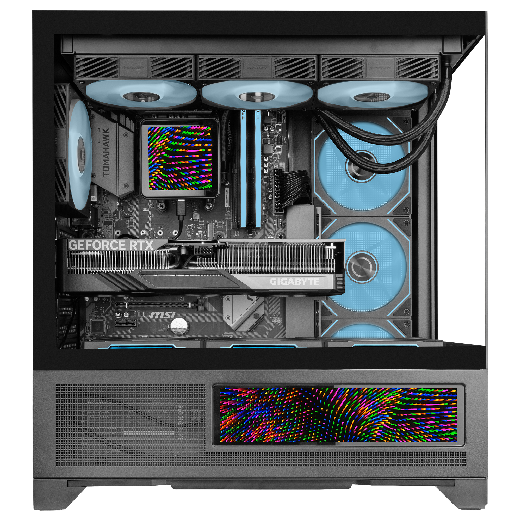 Case PC con componenti interni. Include GPU, dissipatore CPU, ventole e un display colorato. Schema di colori blu e nero.