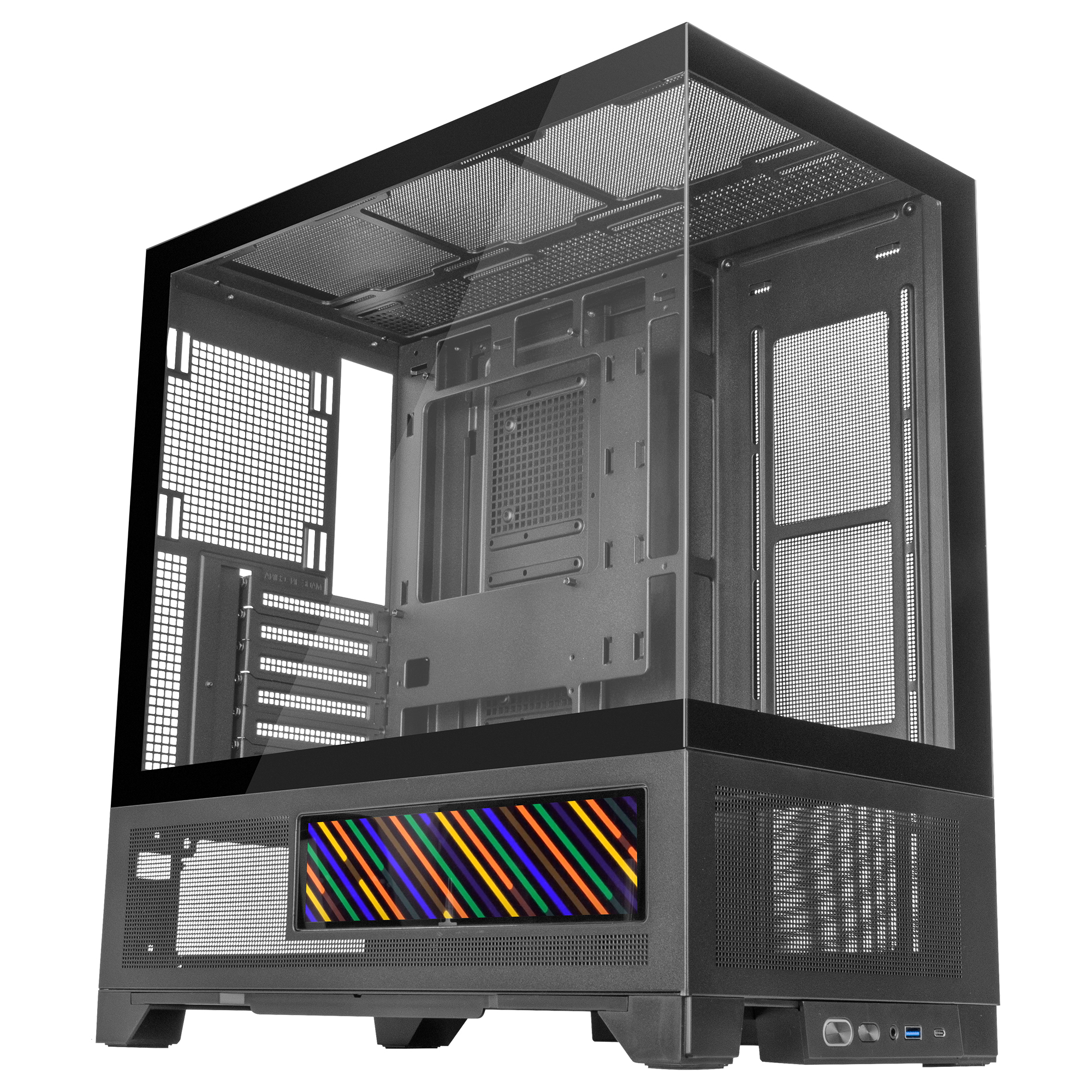 Un case per computer con parte superiore e frontale in vetro. Ha un lato a rete e un display luminoso colorato. Il case è nero.