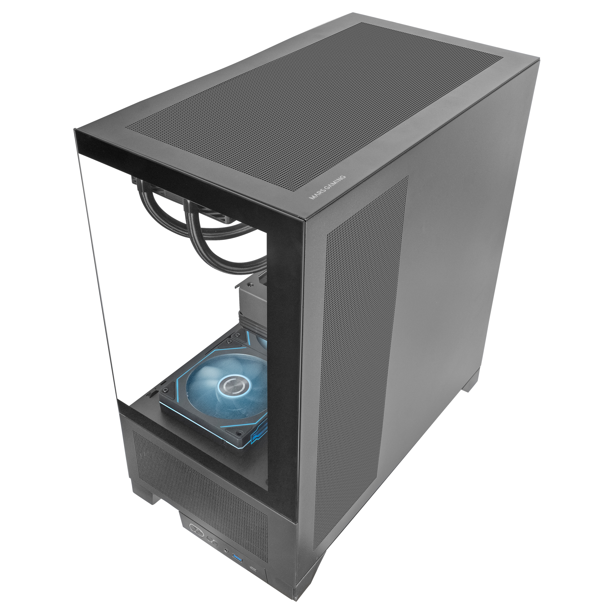 Un case per computer su sfondo bianco. Ha un pannello laterale in vetro, telaio nero e parte superiore in rete. È visibile una ventola blu.