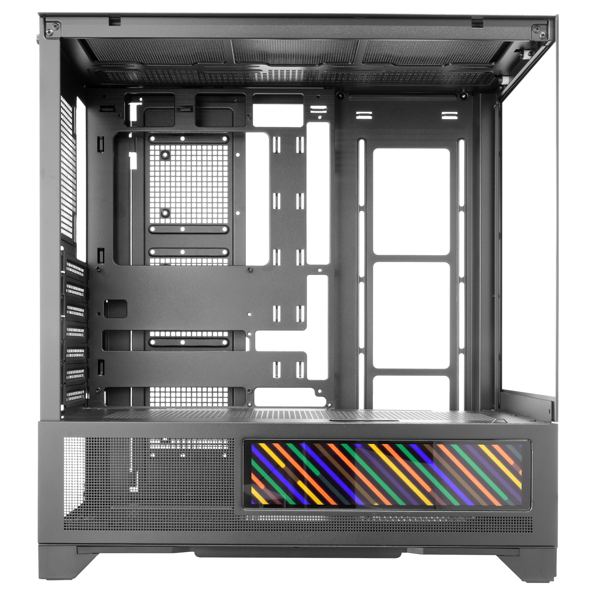 Case per computer aperto. Telaio in metallo nero con spazi interni. Pannello frontale colorato. Sfondo bianco.