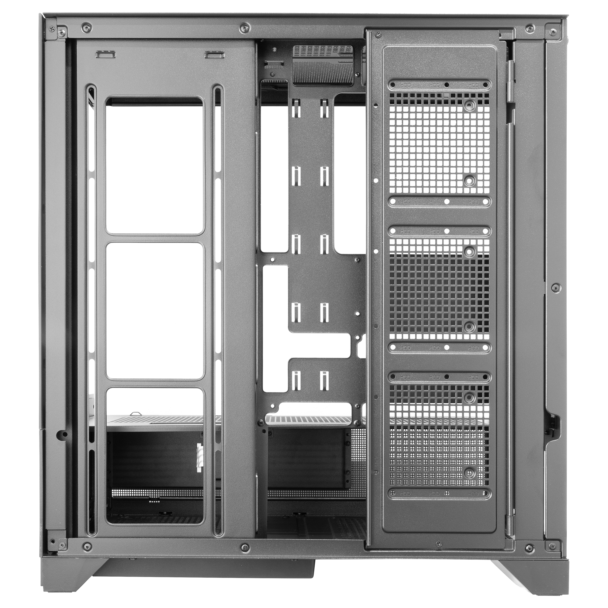 Interno del case di un computer aperto. Telaio in metallo grigio con scomparti e punti di montaggio, vuoto.