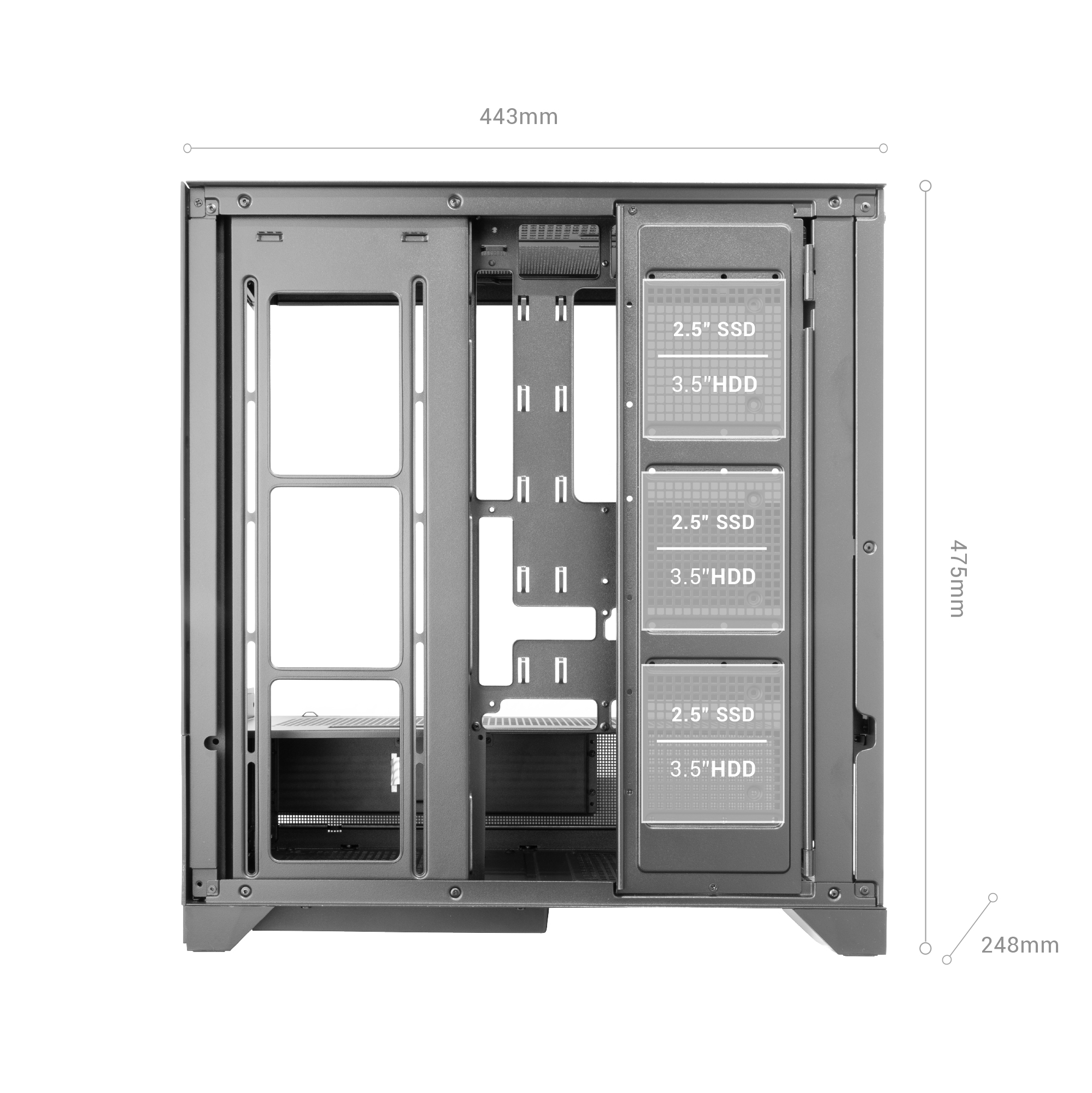 Un telaio di un case per computer con dimensioni. Etichette SSD e HDD.