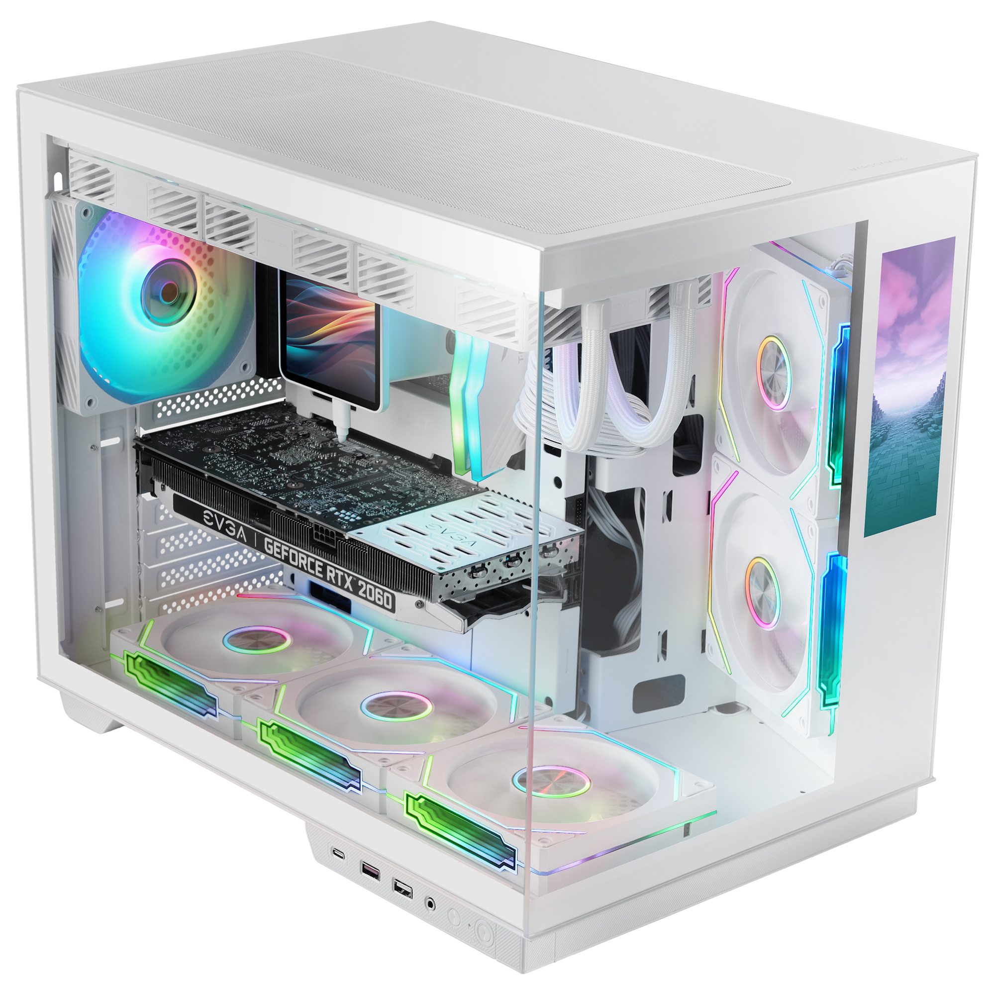 Case per computer bianco con pannello in vetro. All'interno ci sono componenti con illuminazione RGB, tra cui ventole e una scheda grafica. È visibile uno schermo.