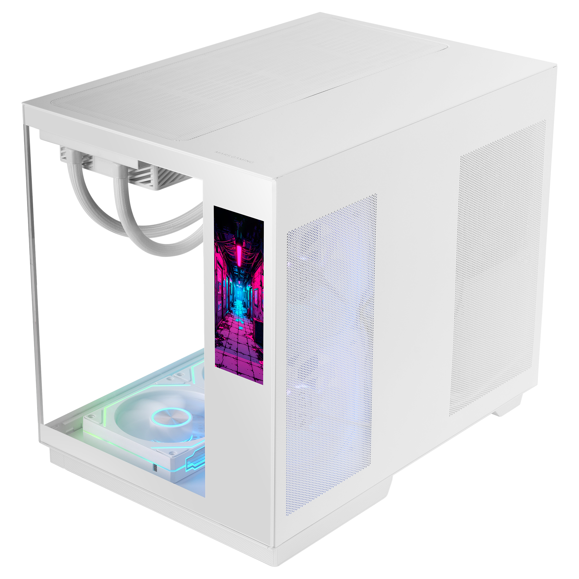 Case per computer bianco con pannello laterale in vetro. All'interno, una ventola con luci blu e verdi. Lo schermo mostra un corridoio colorato.