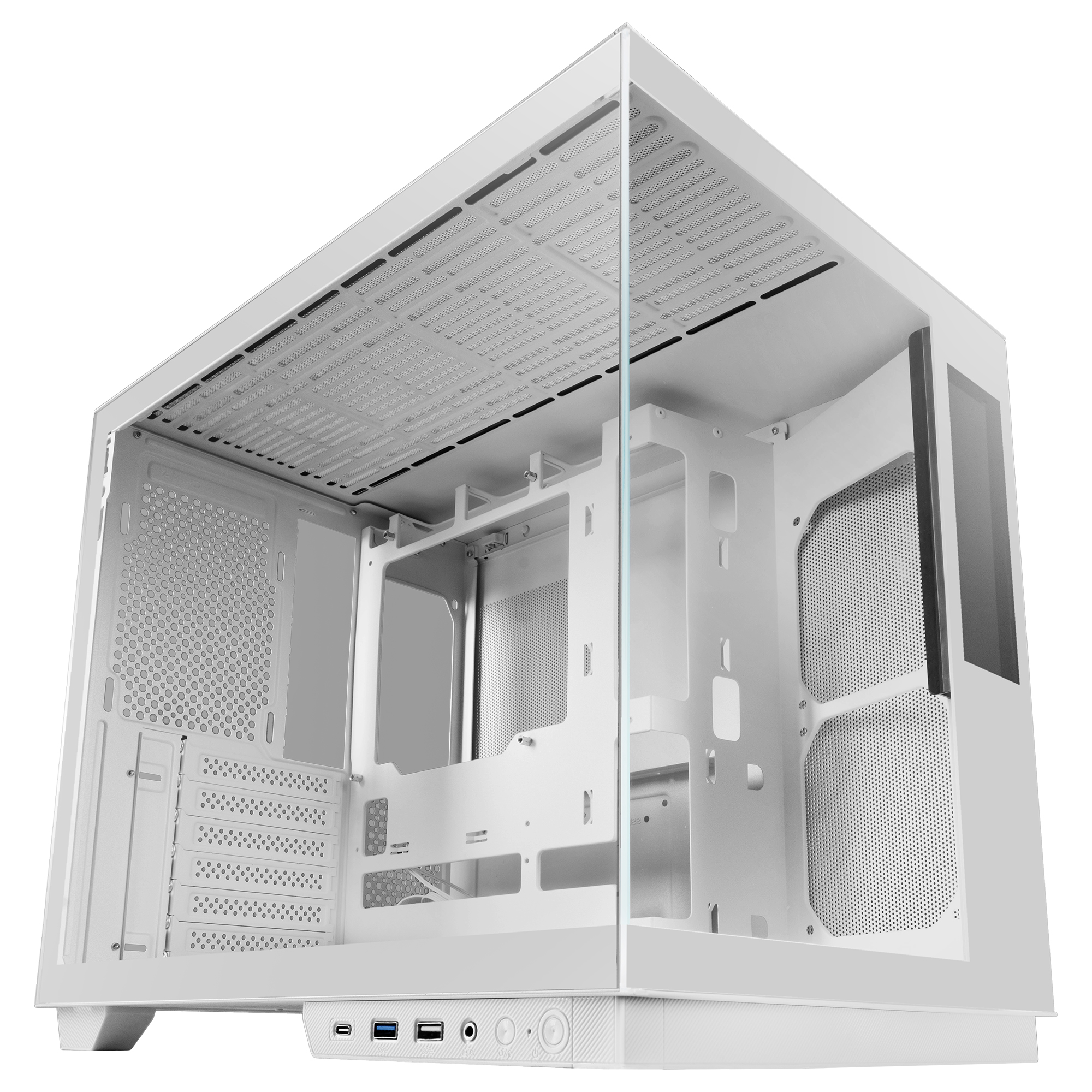 Case per computer bianco, parzialmente trasparente, con componenti interni visibili, rete e prese d'aria.