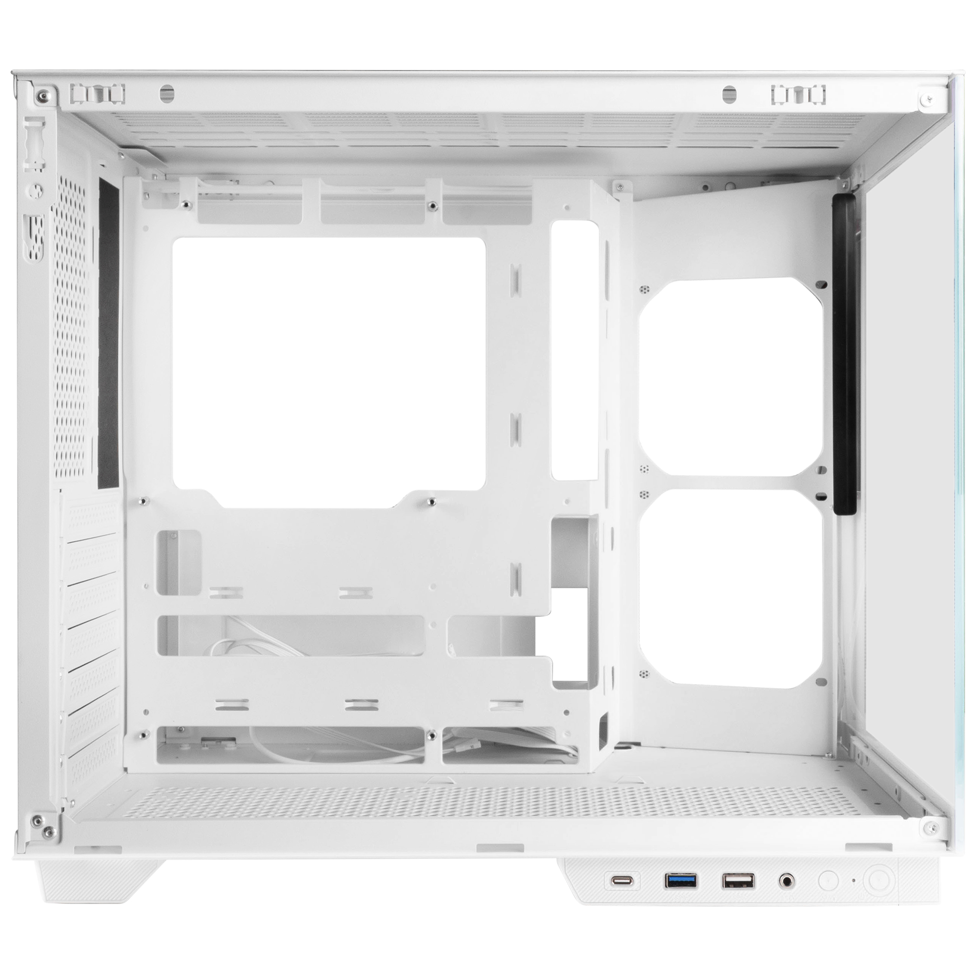Interno di un case per computer bianco. Design aperto con più scomparti e punti di montaggio. Porte anteriori visibili in basso.