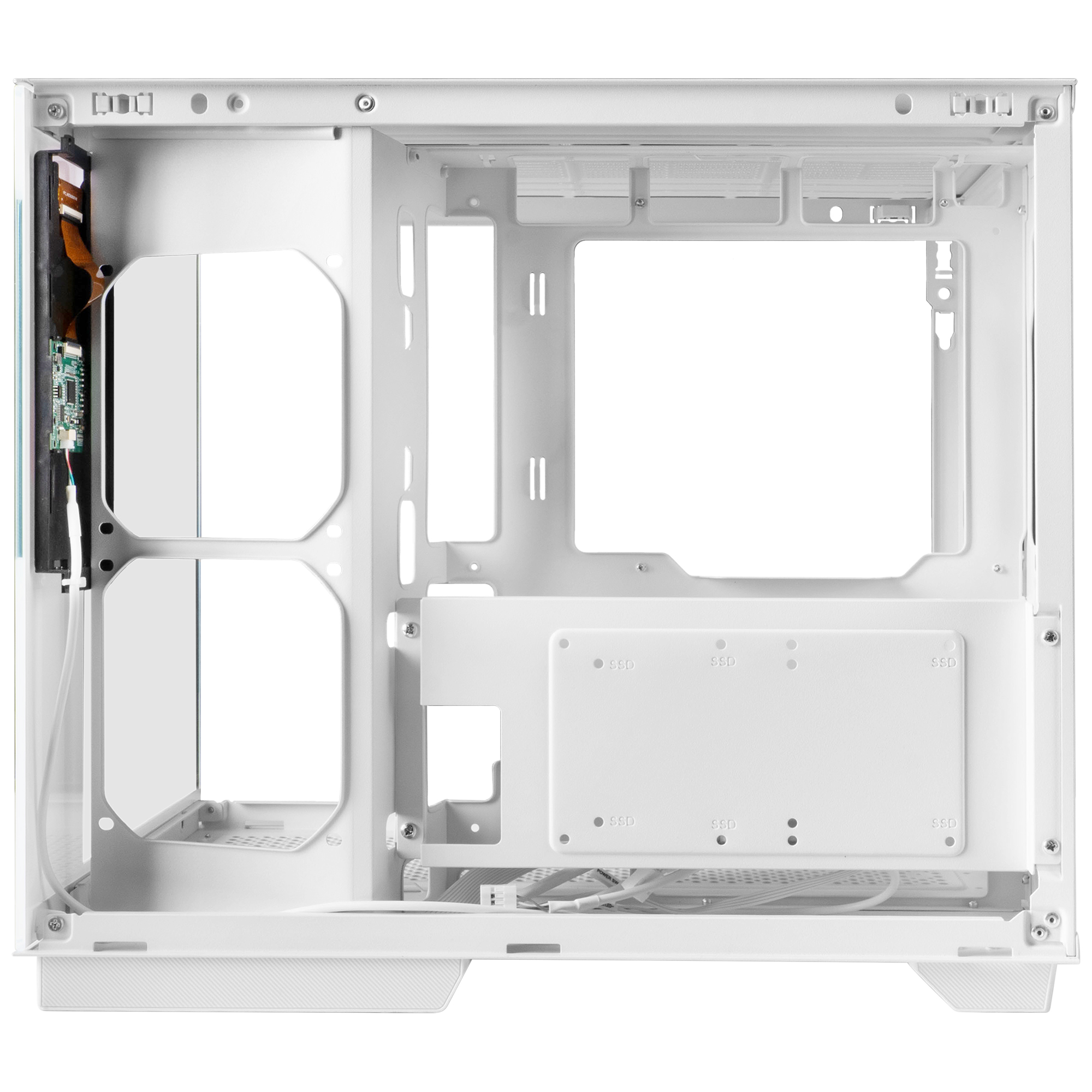Interno di un case per computer bianco. Mostra vari scomparti e punti di montaggio per componenti, con etichette SSD.