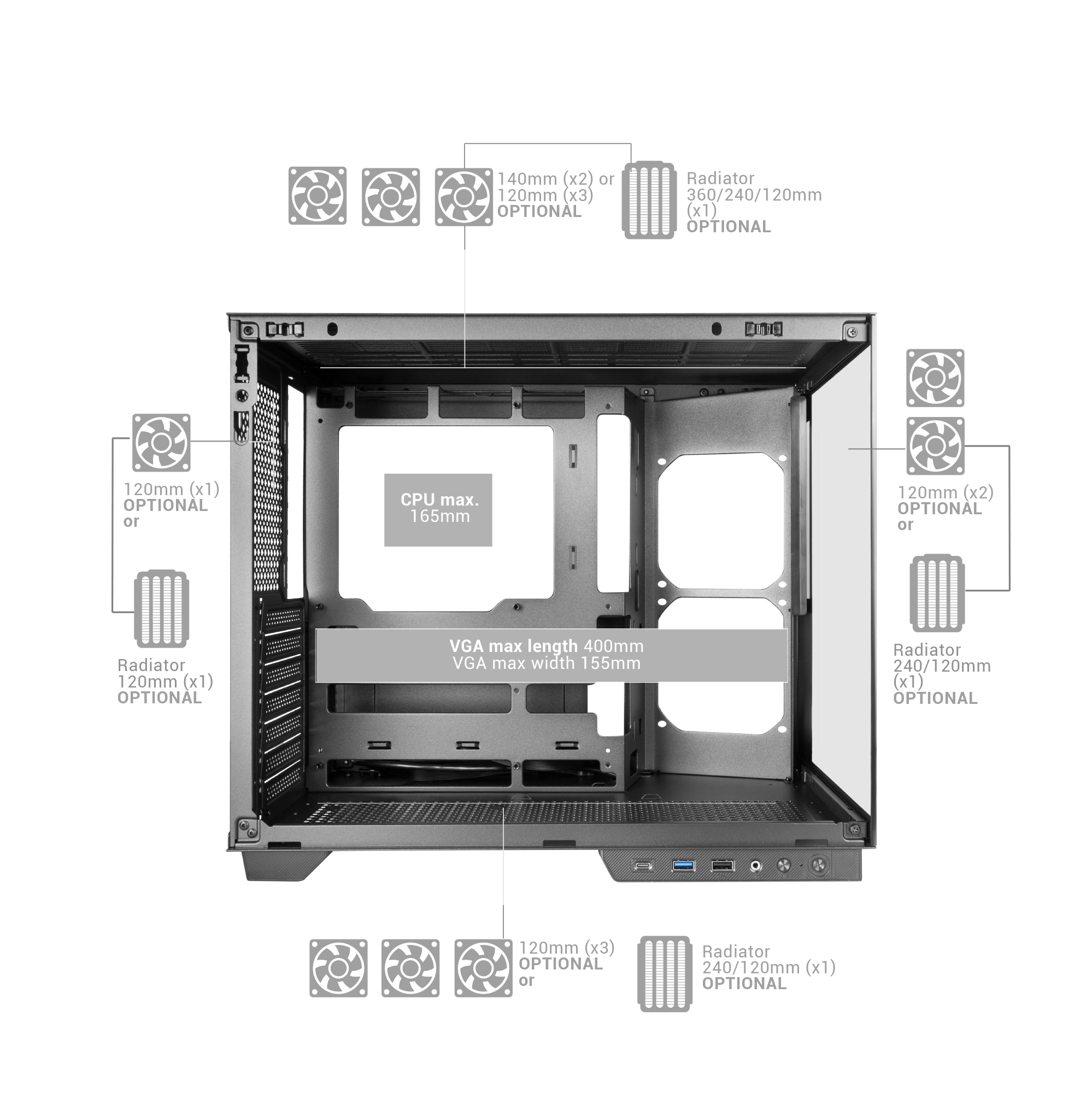 Un case per computer aperto con aree etichettate per ventole, radiatori e componenti. Include le dimensioni per CPU e VGA.