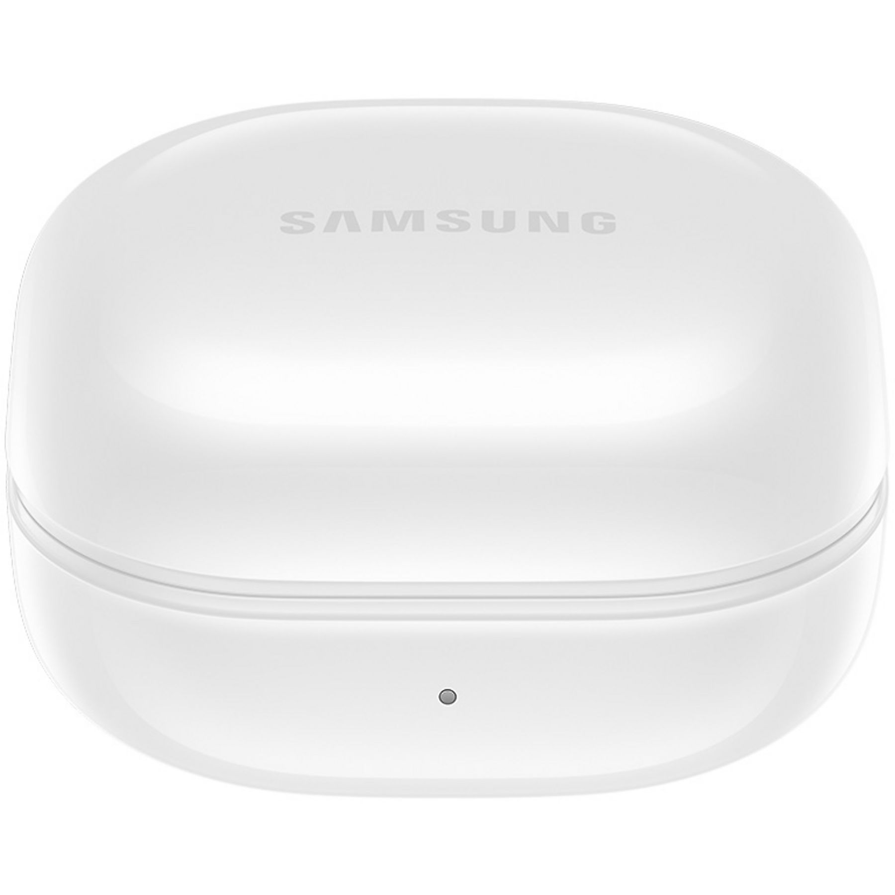 Beyaz bir Samsung kulaklık çantası. Oval, üstünde marka adı var. Alt kısımda küçük bir nokta var.