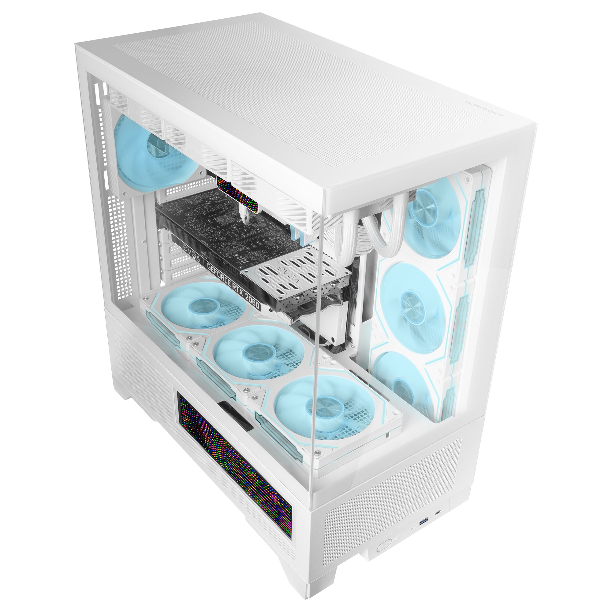 Case per computer bianco con ventole blu e componenti. Scheda grafica installata. Il case ha un pannello laterale in vetro.