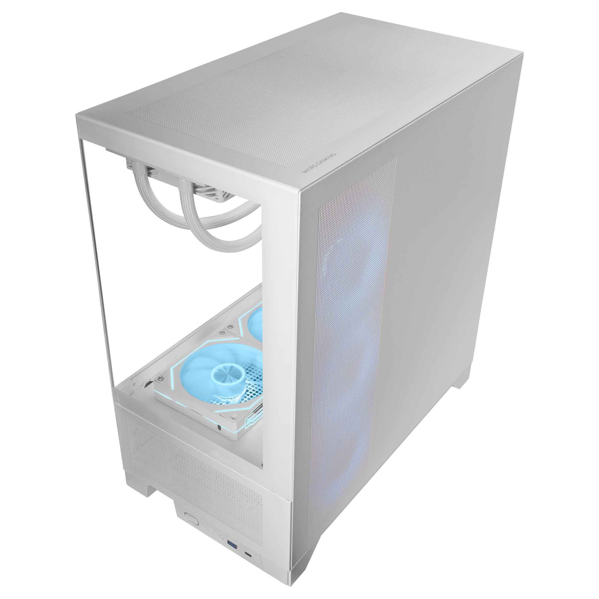 Case per computer bianco con luci interne blu e raffreddamento a liquido. Logo Mars Gaming visibile.