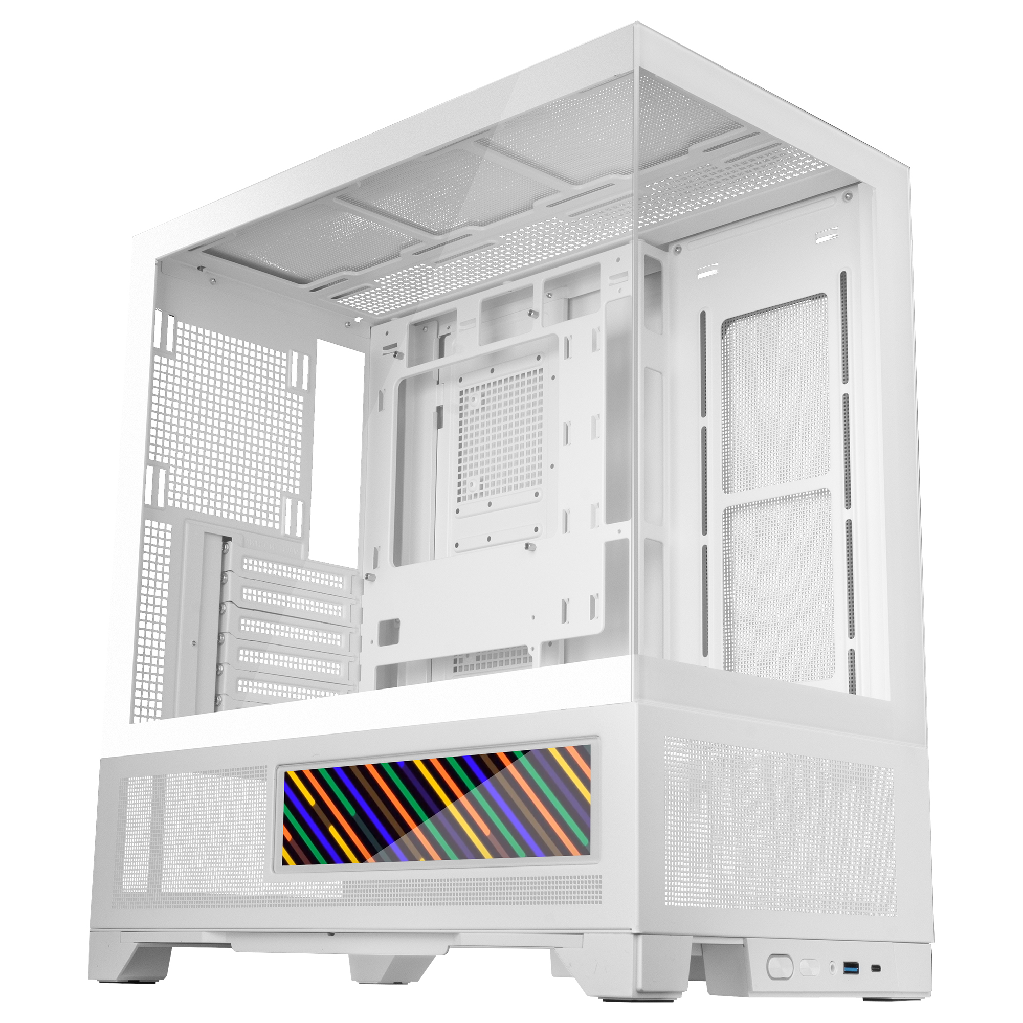 Case per computer bianco con pannelli a rete. Un pannello frontale mostra linee diagonali colorate. L'interno è vuoto.