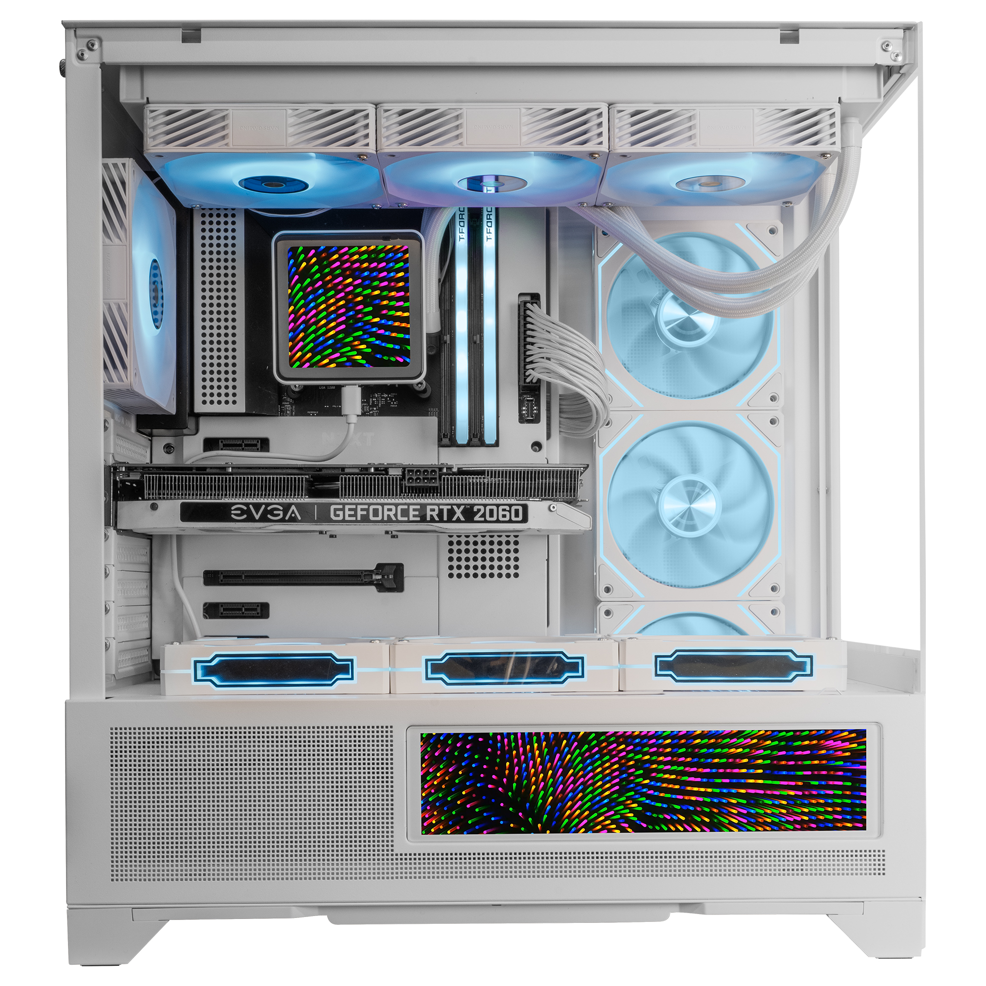 Case PC bianco con componenti, tra cui una GeForce RTX 2060, ventole e illuminazione RGB colorata.