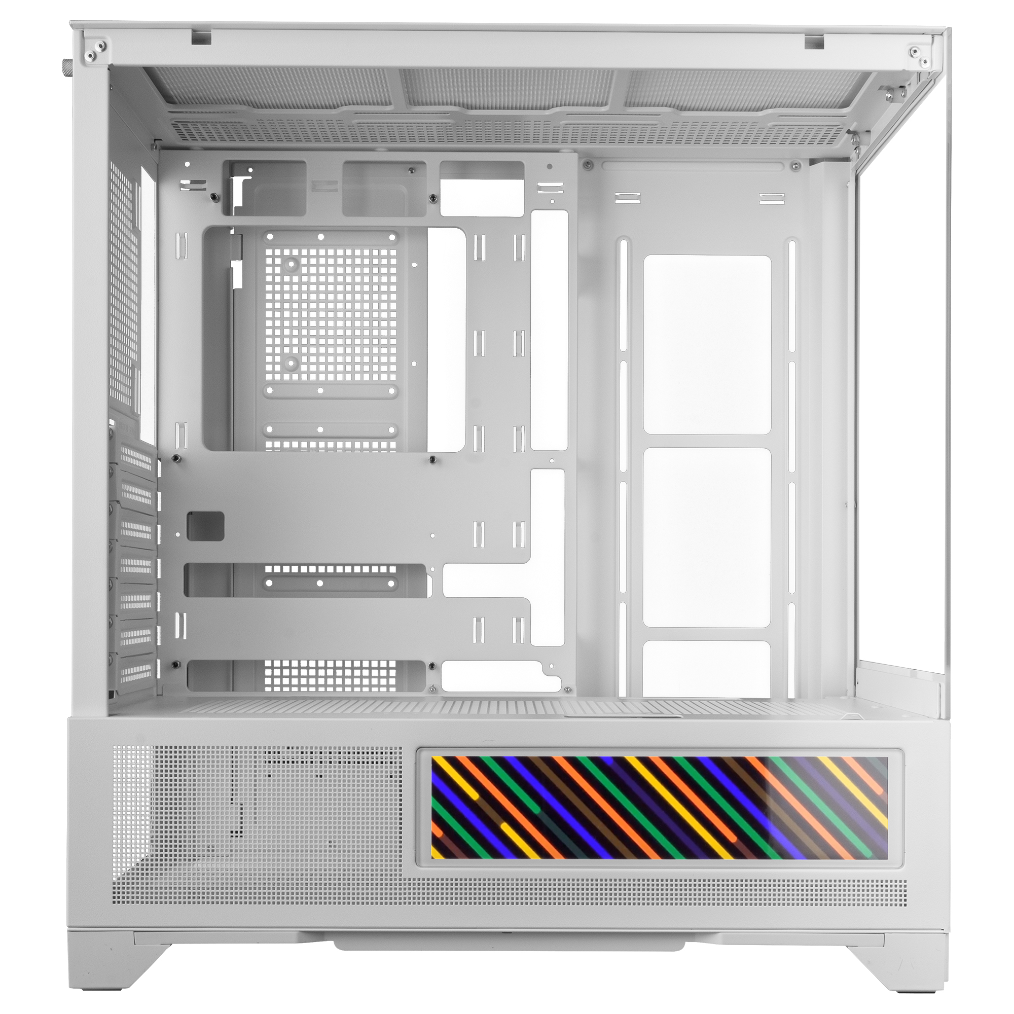 Un case per computer bianco con interno aperto. Ha un pannello frontale a motivi con linee colorate diagonali.